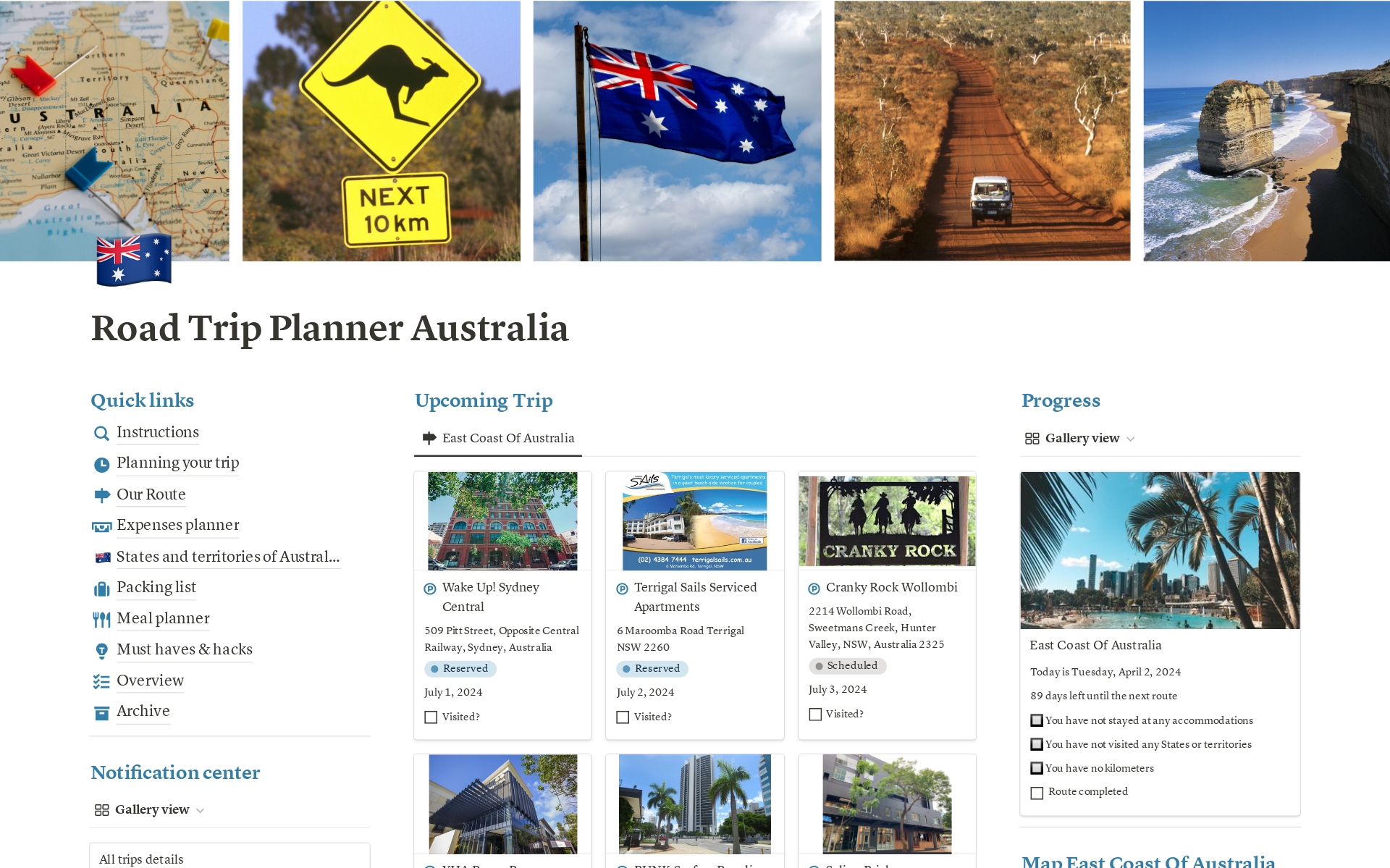 A template preview for Road trip planner Australia