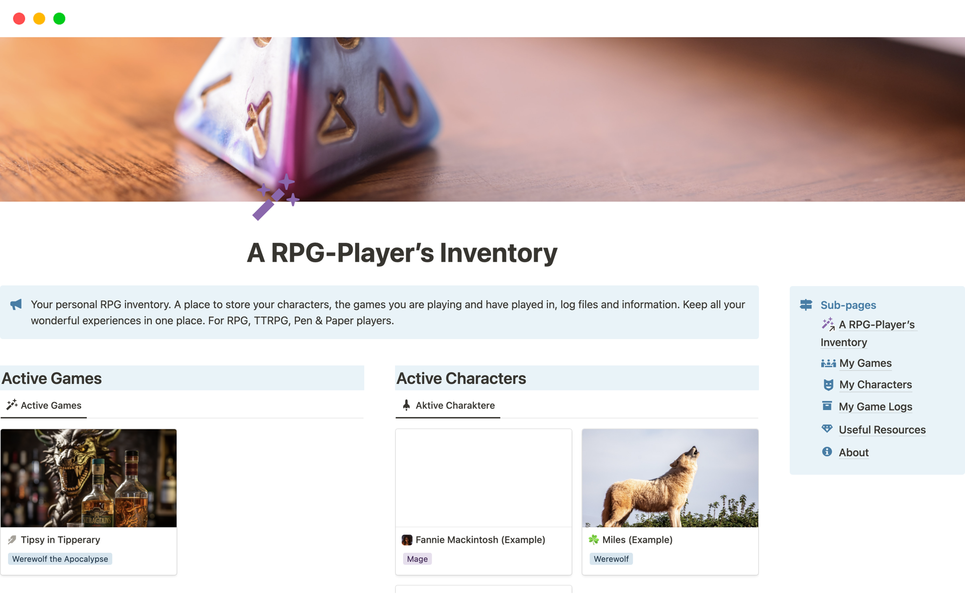 A template preview for A RPG player’s inventory