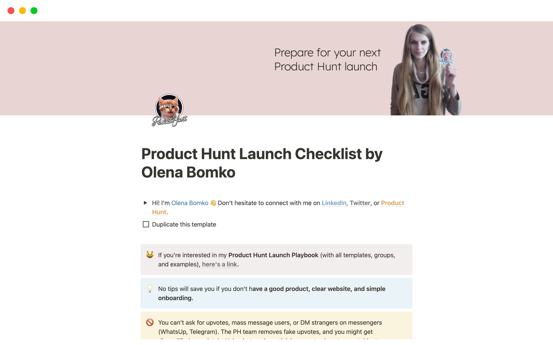 A template preview for Product Hunt Launch Checklist by Olena Bomko