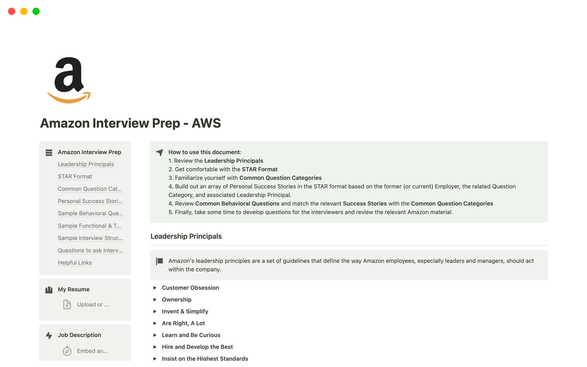 A template preview for Amazon Interview Prep - AWS