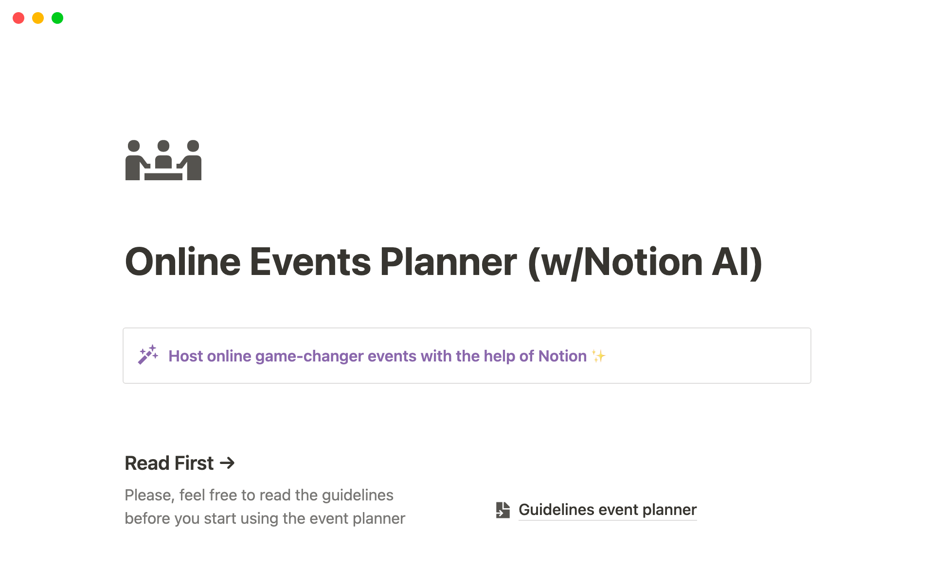 Eine Vorlagenvorschau für Online Events Planner (w/ Notion AI)
