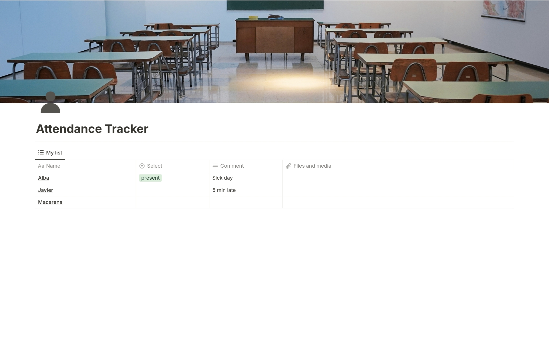 Attendance Tracker for Teachersのテンプレートのプレビュー