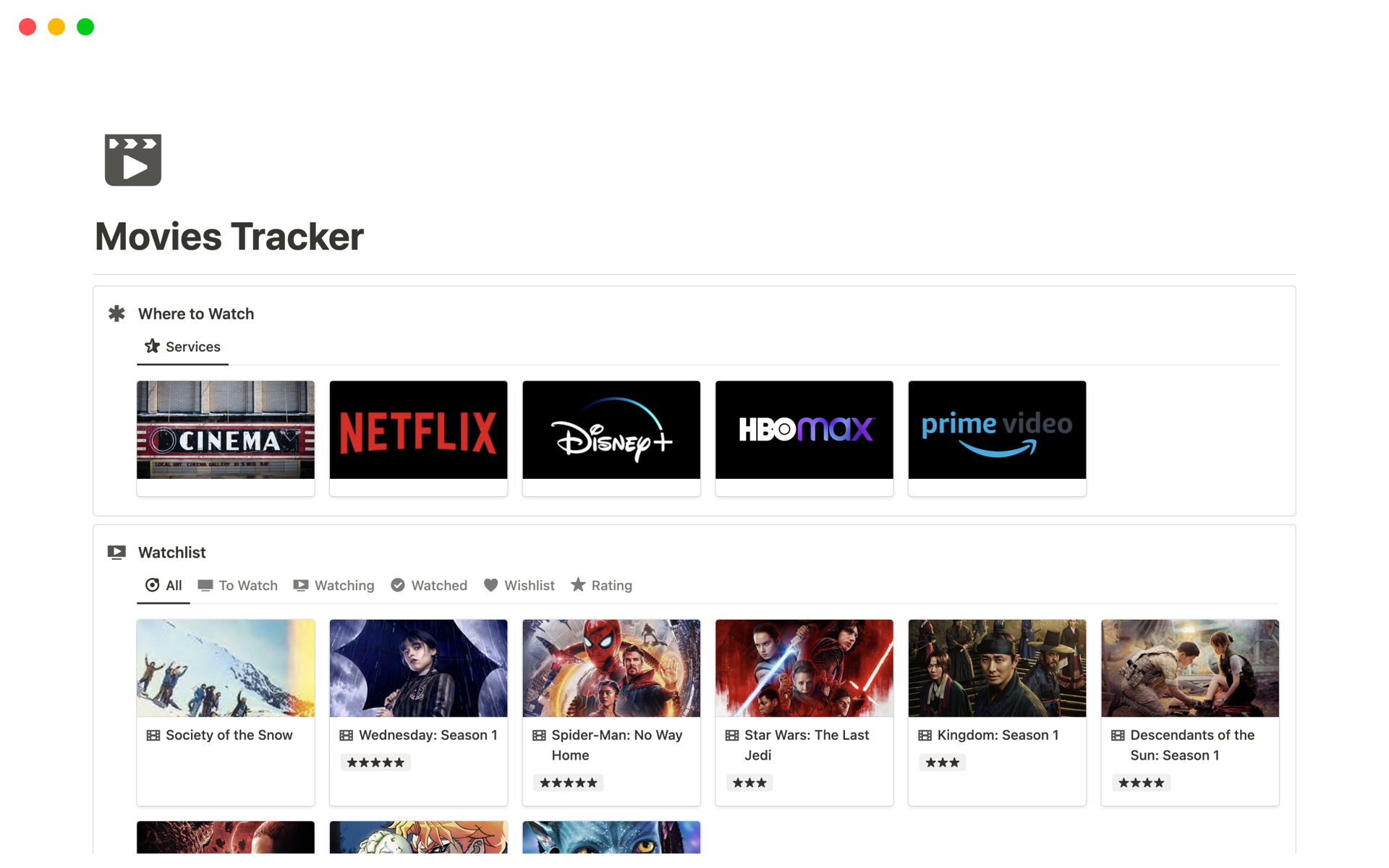 A template preview for Minimal Movies Tracker