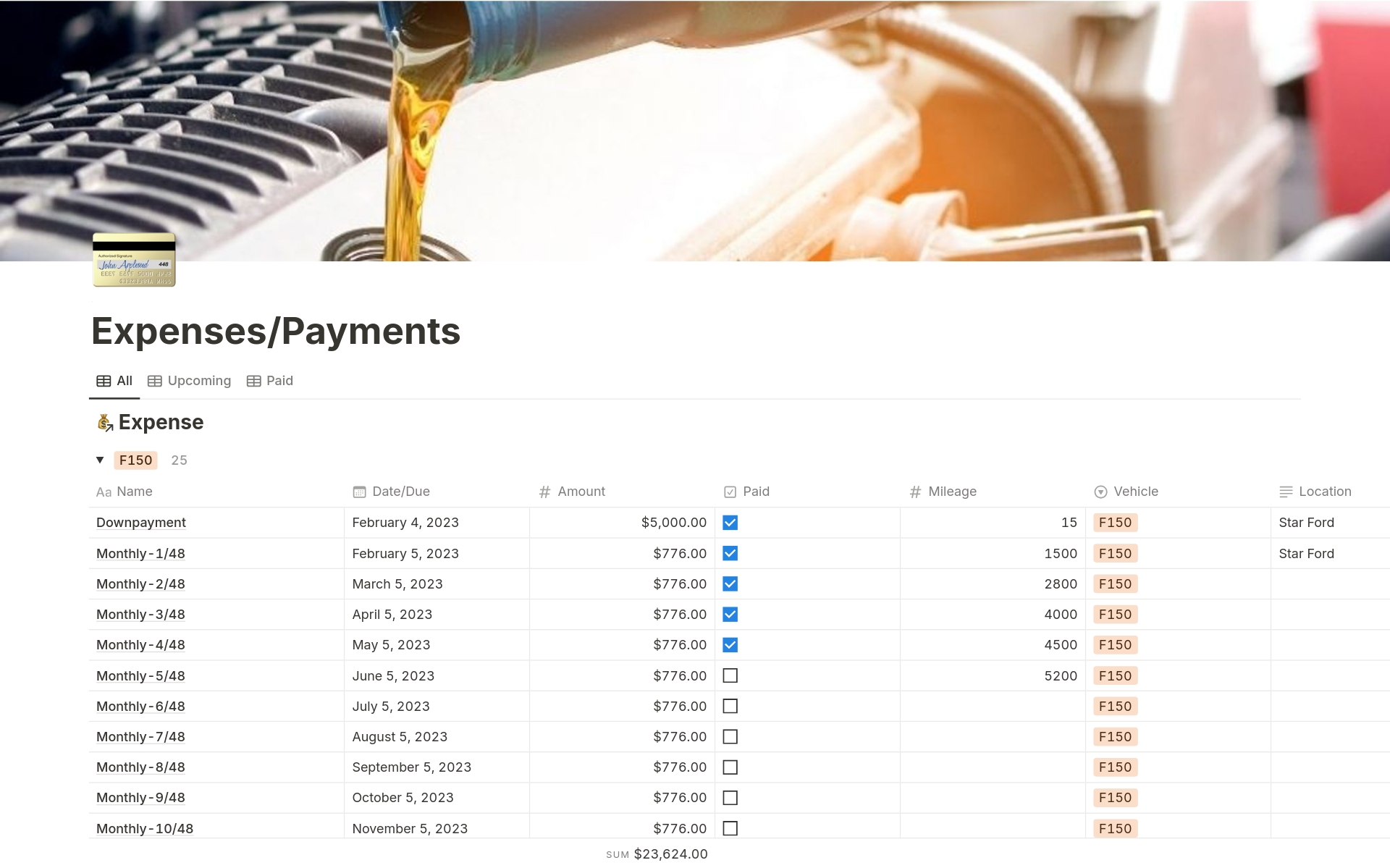 Car / Vehicle Buddy (Tax deduction calculation) Notion Malli