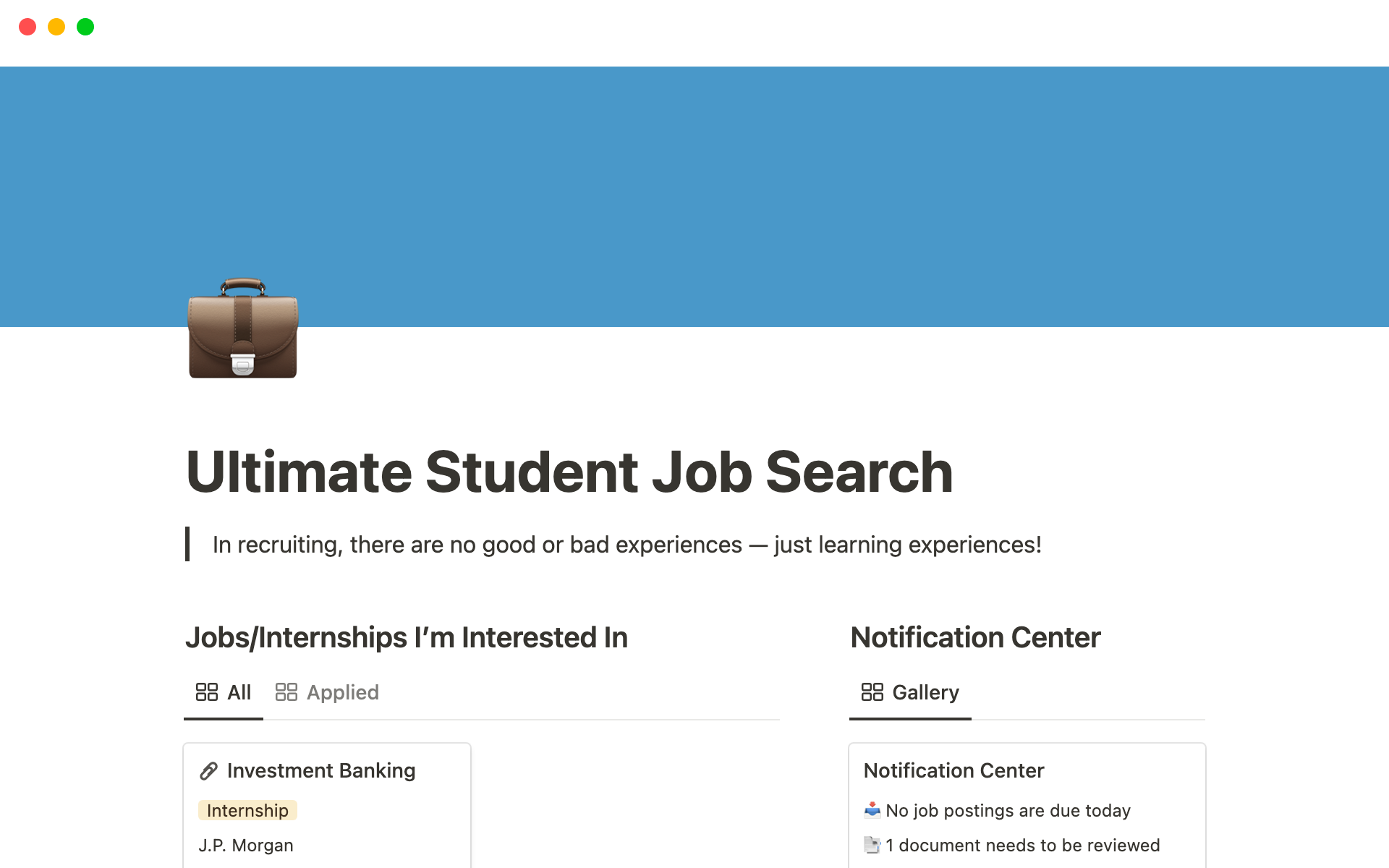 Vista previa de una plantilla para Ultimate Student Job Tracker