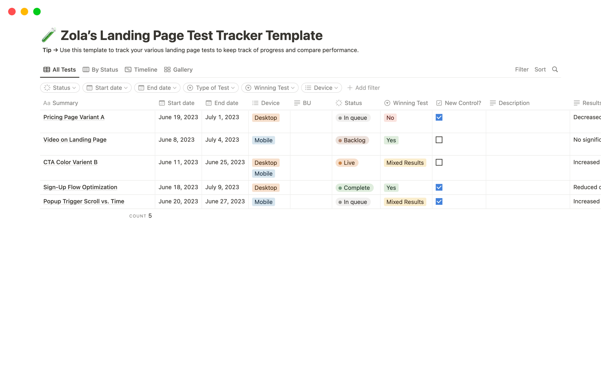 A template preview for Landing Page Test Tracker