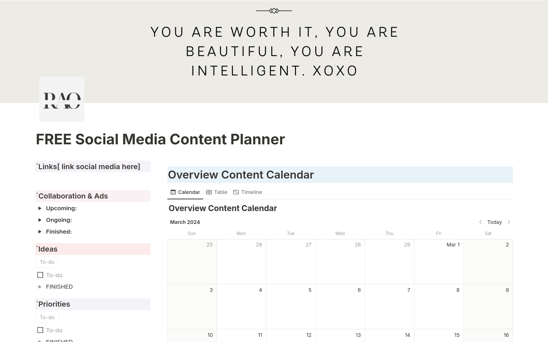 Vista previa de una plantilla para Social Media Content Planner