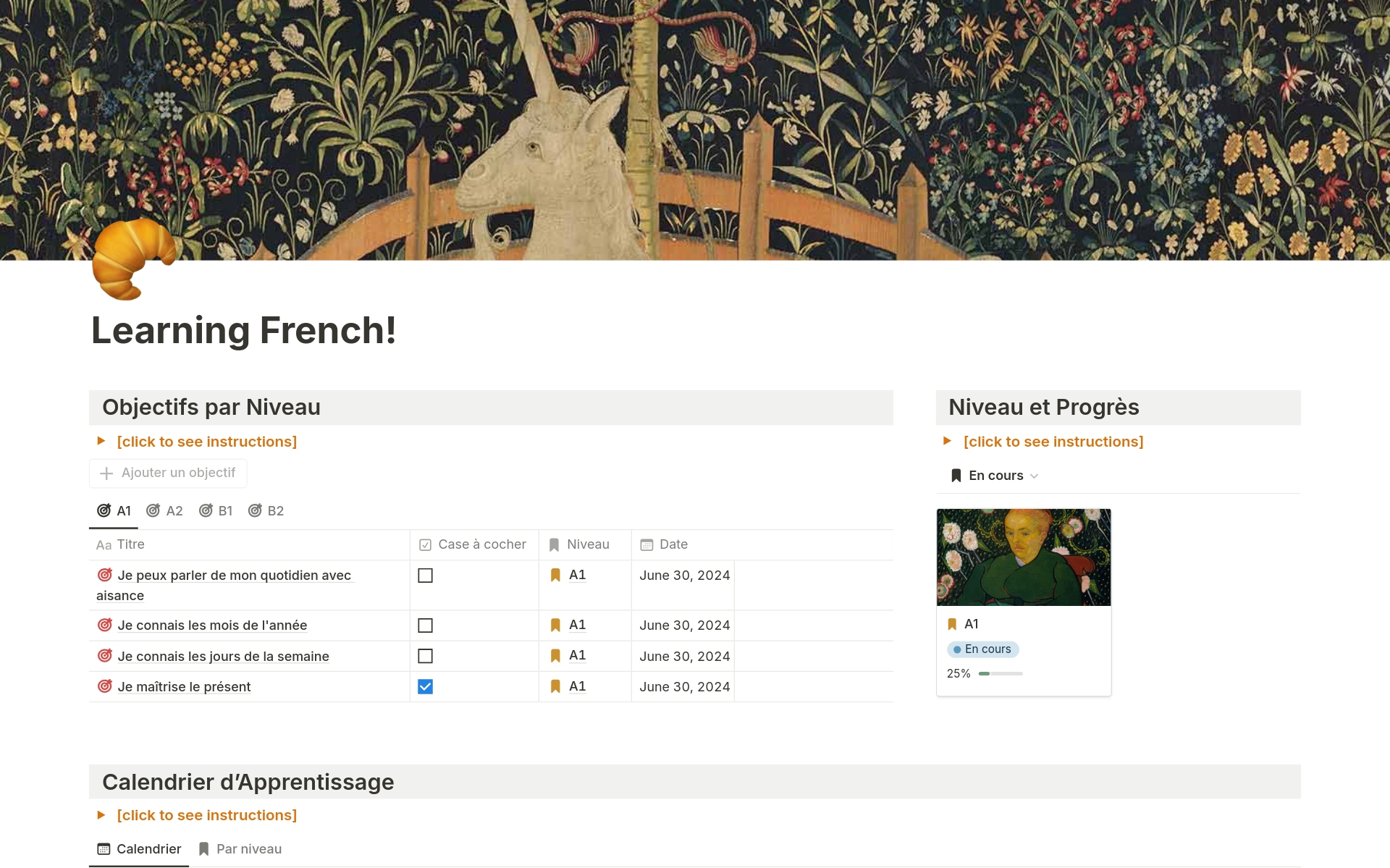 Learning French, all levels. Notion Template