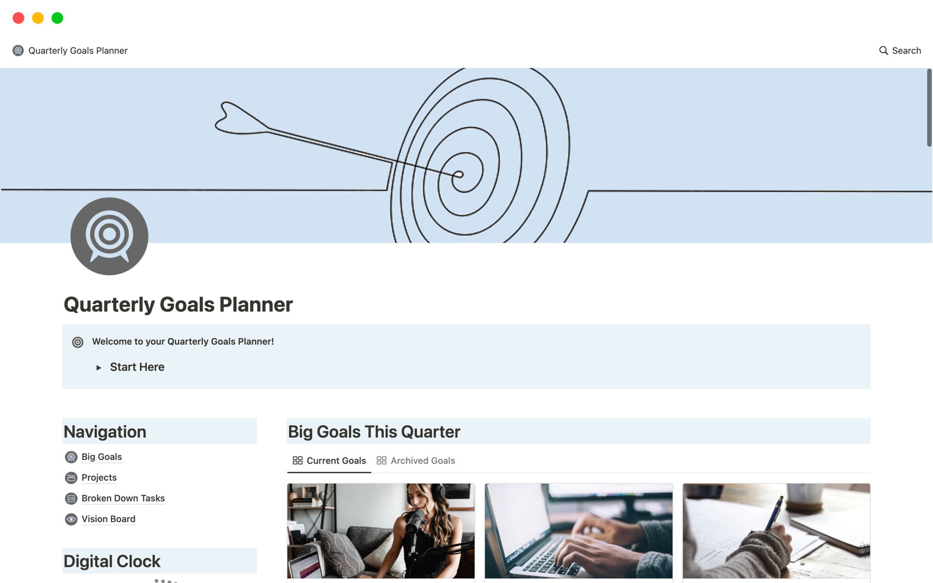 Vista previa de una plantilla para Quarterly Goals Planner