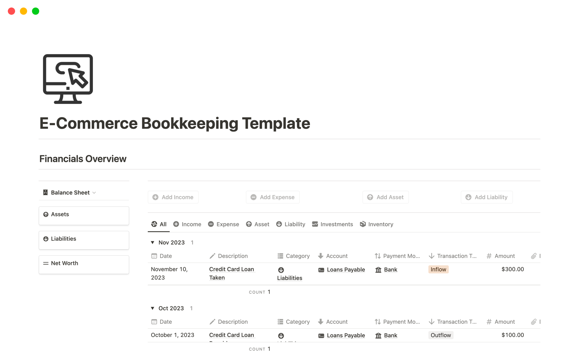 A template preview for E-Commerce Bookkeeping Template