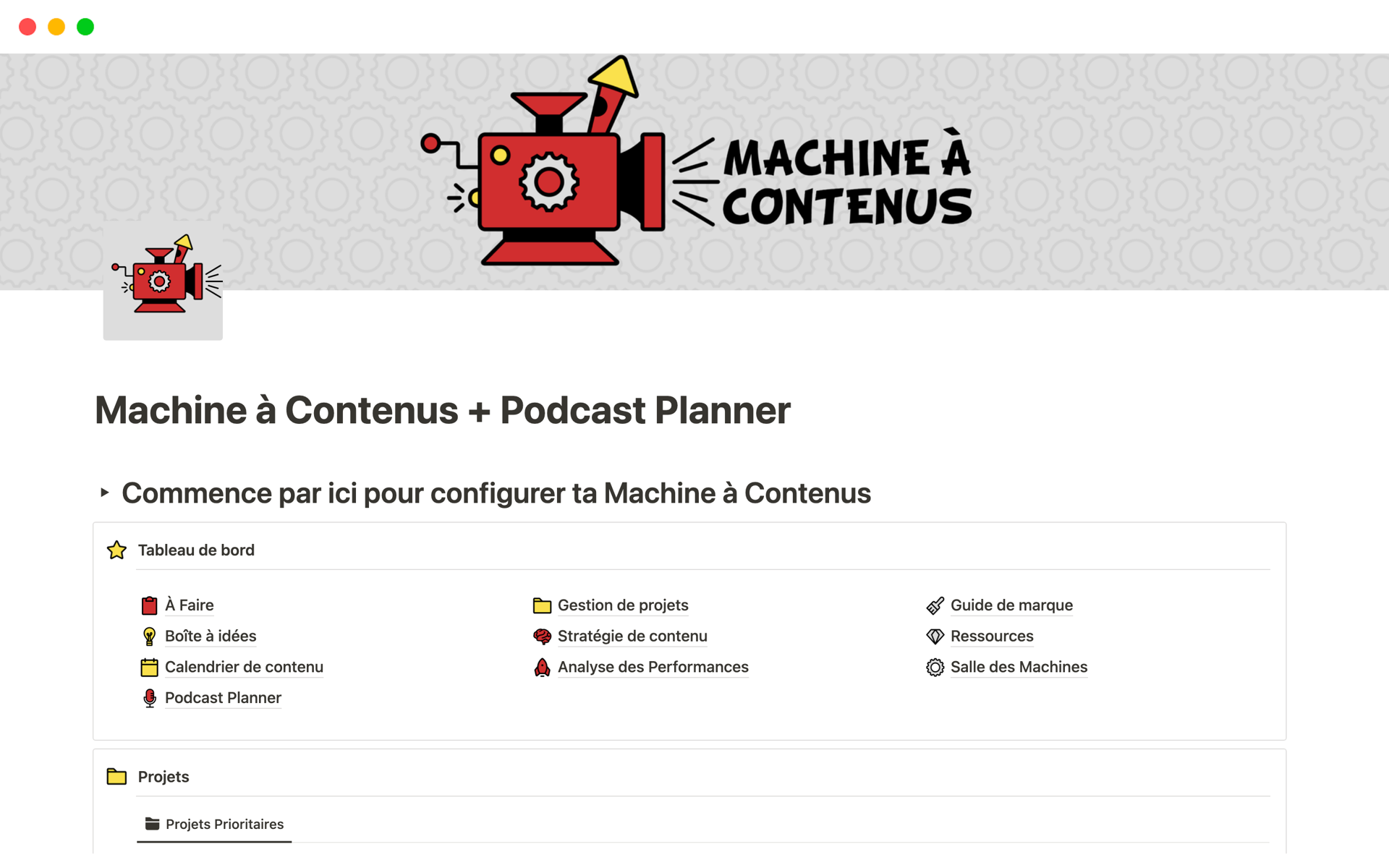 Uma prévia do modelo para Machine à Contenus + Podcast Planner