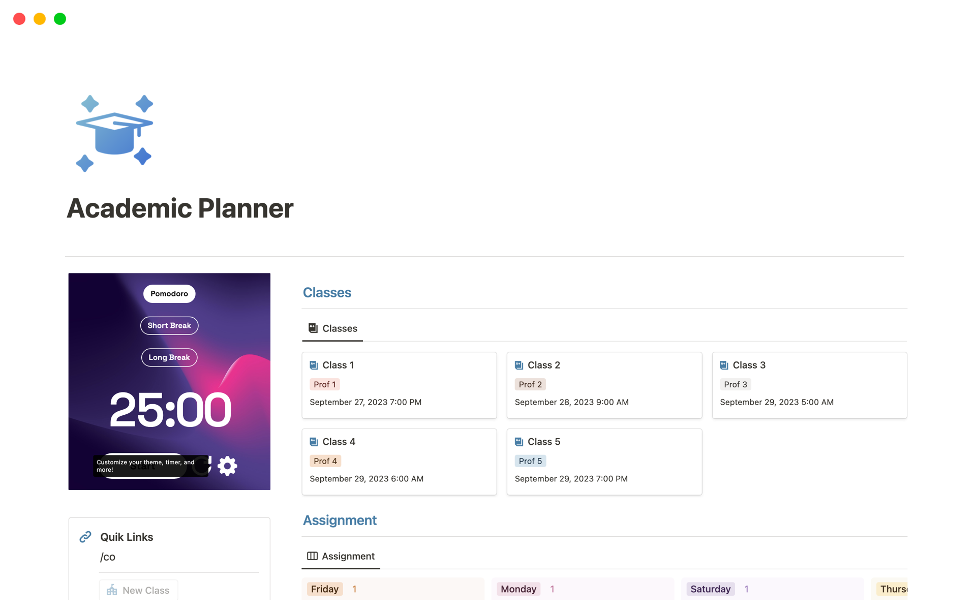 A template preview for Academic Planner