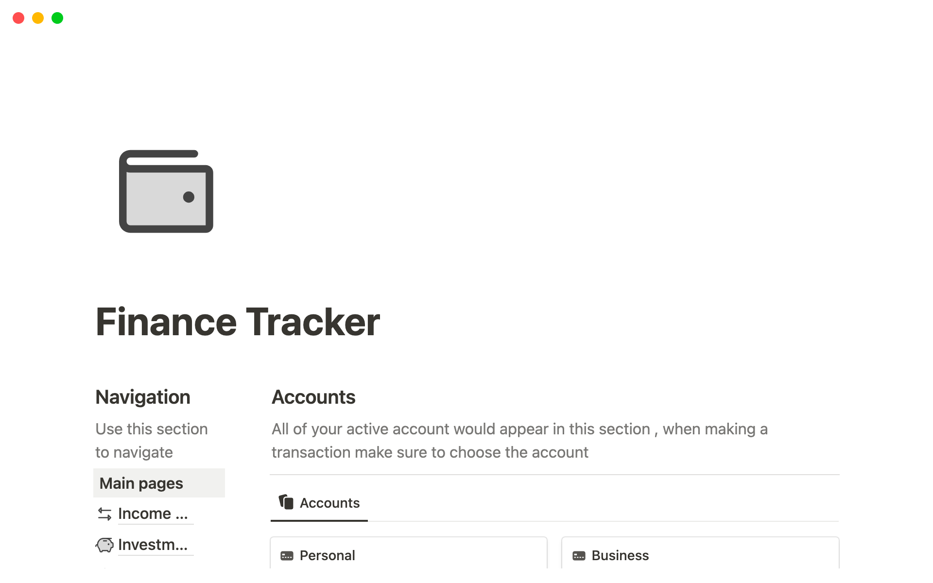Uma prévia do modelo para Notion Finance Tracker