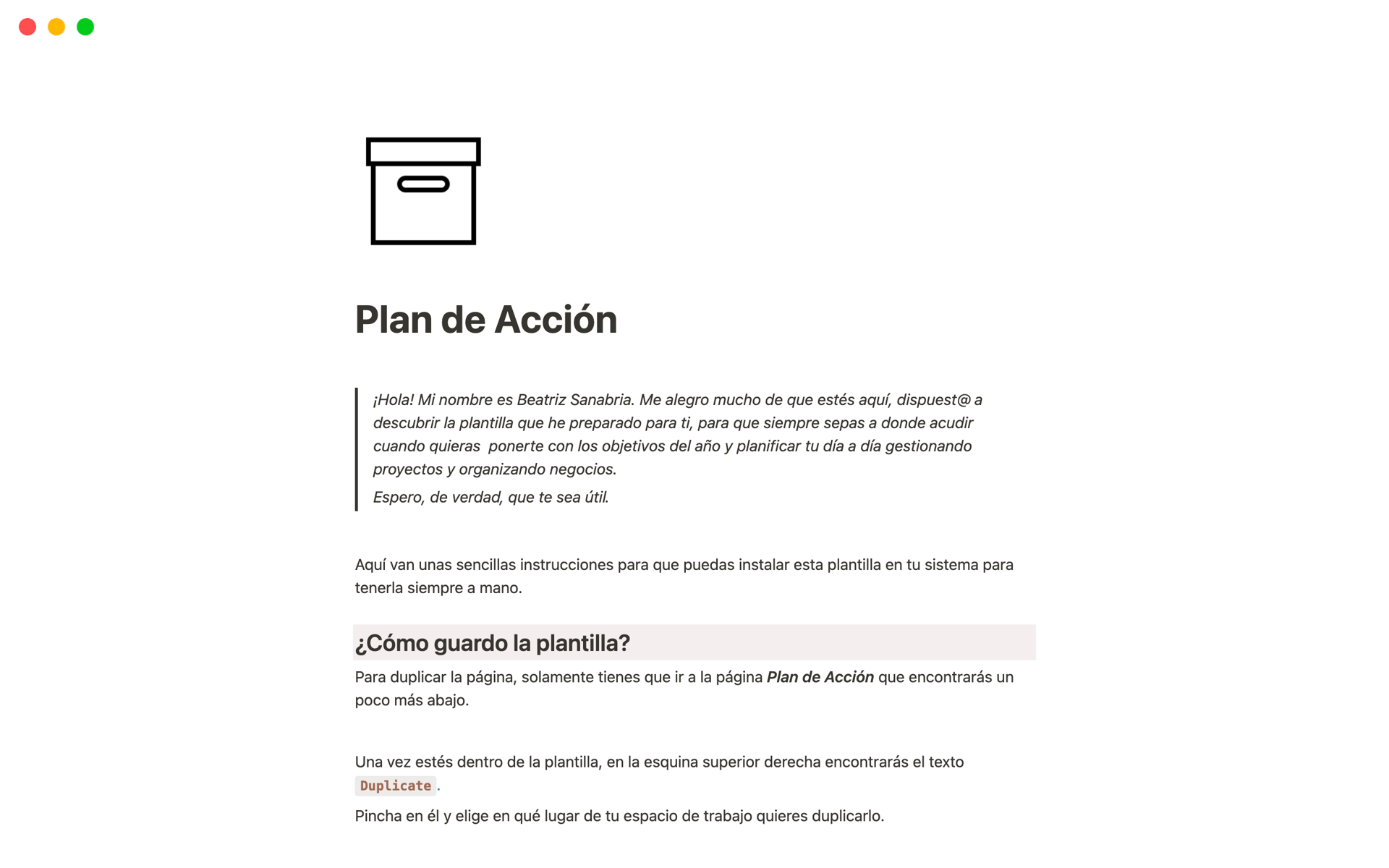 A template preview for Plan de Acción
