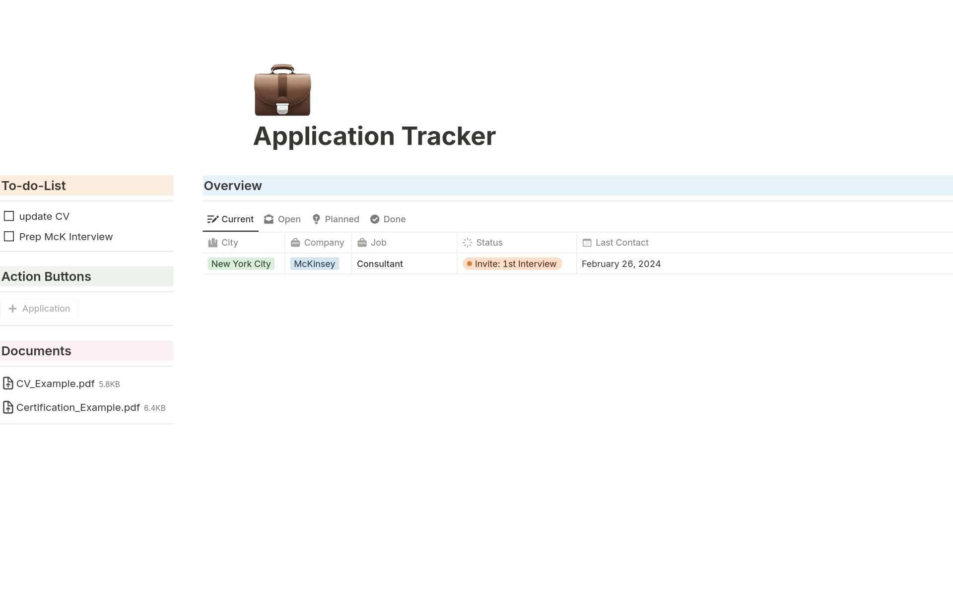 A template preview for Application Tracker