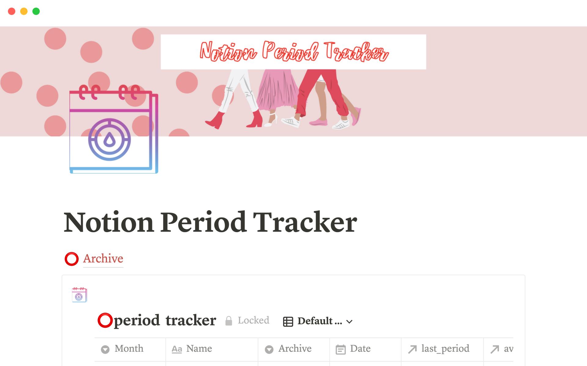 Period trackerのテンプレートのプレビュー