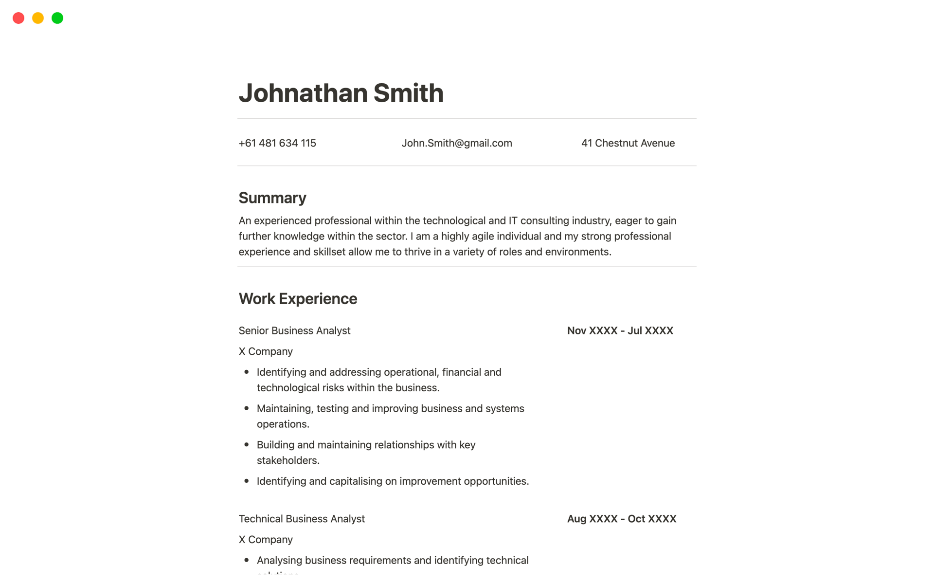 A template preview for Minimalistic Resume
