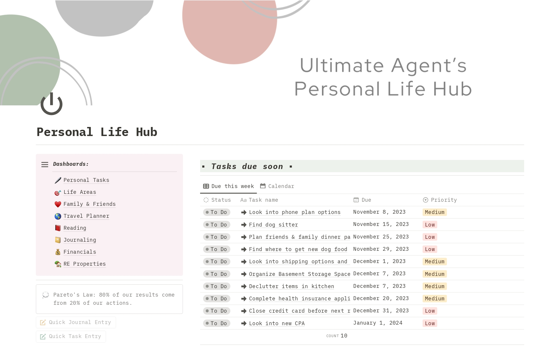 En forhåndsvisning av mal for Personal Life Hub for Agents