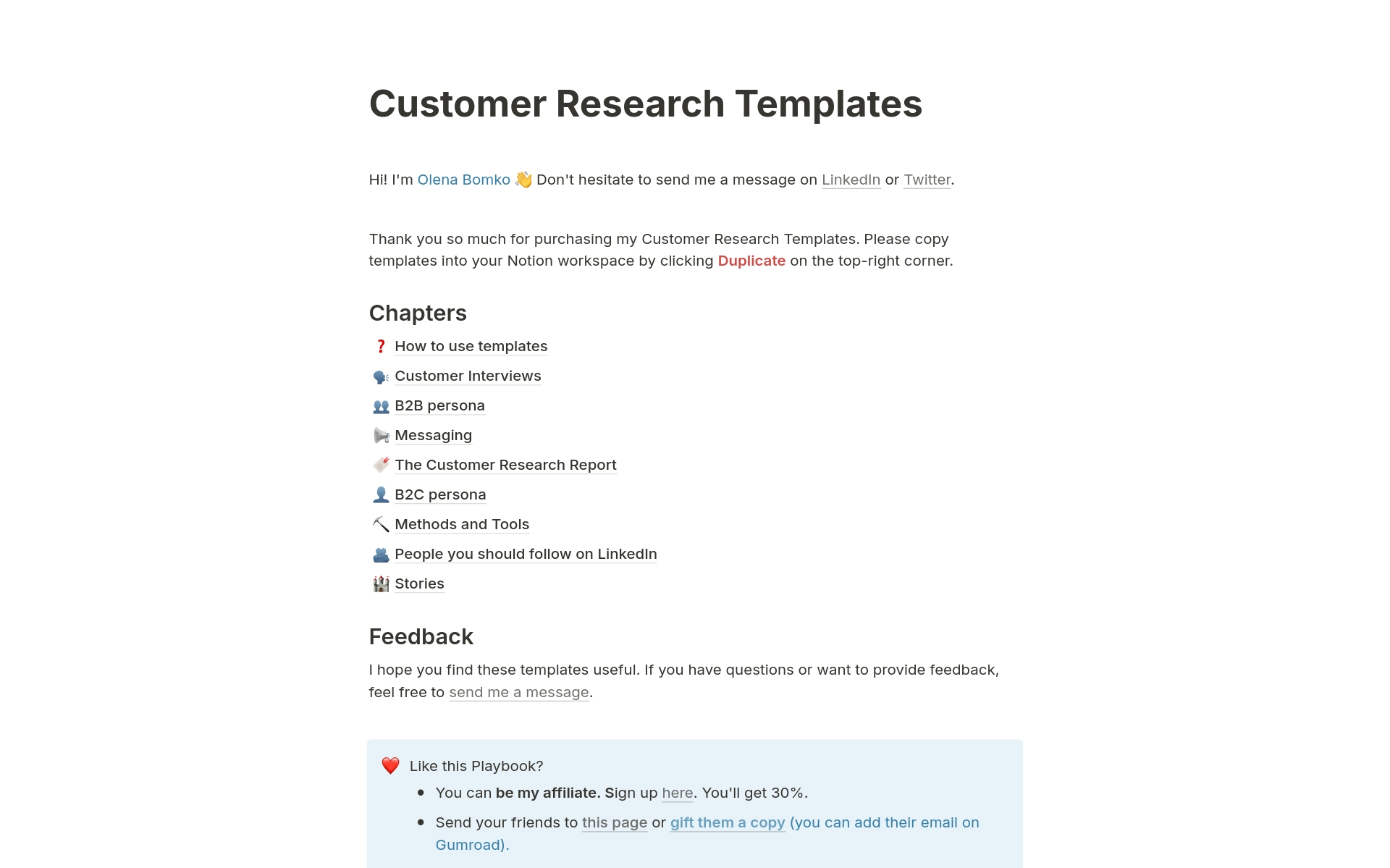 A template preview for Customer Research