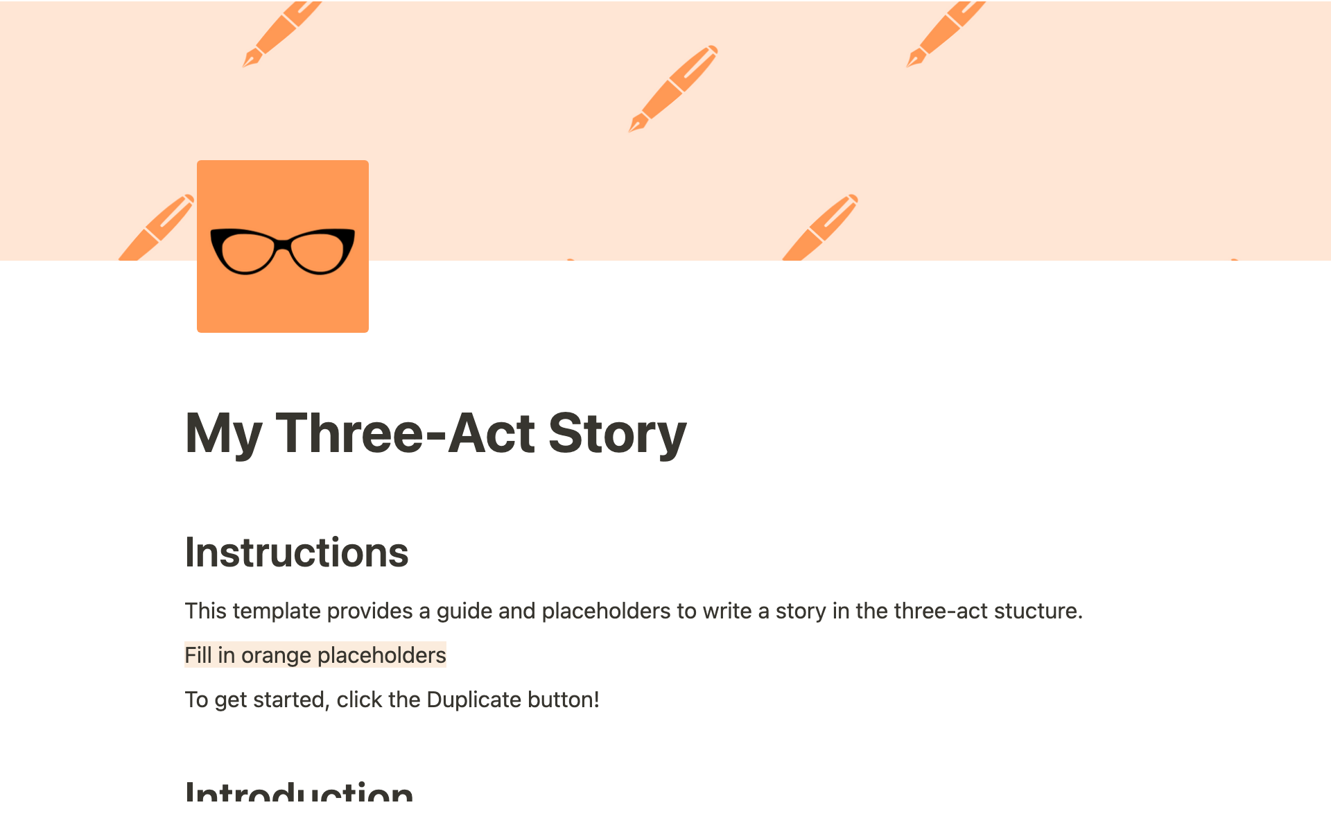 A template preview for Three-Act Story Template & Explanations