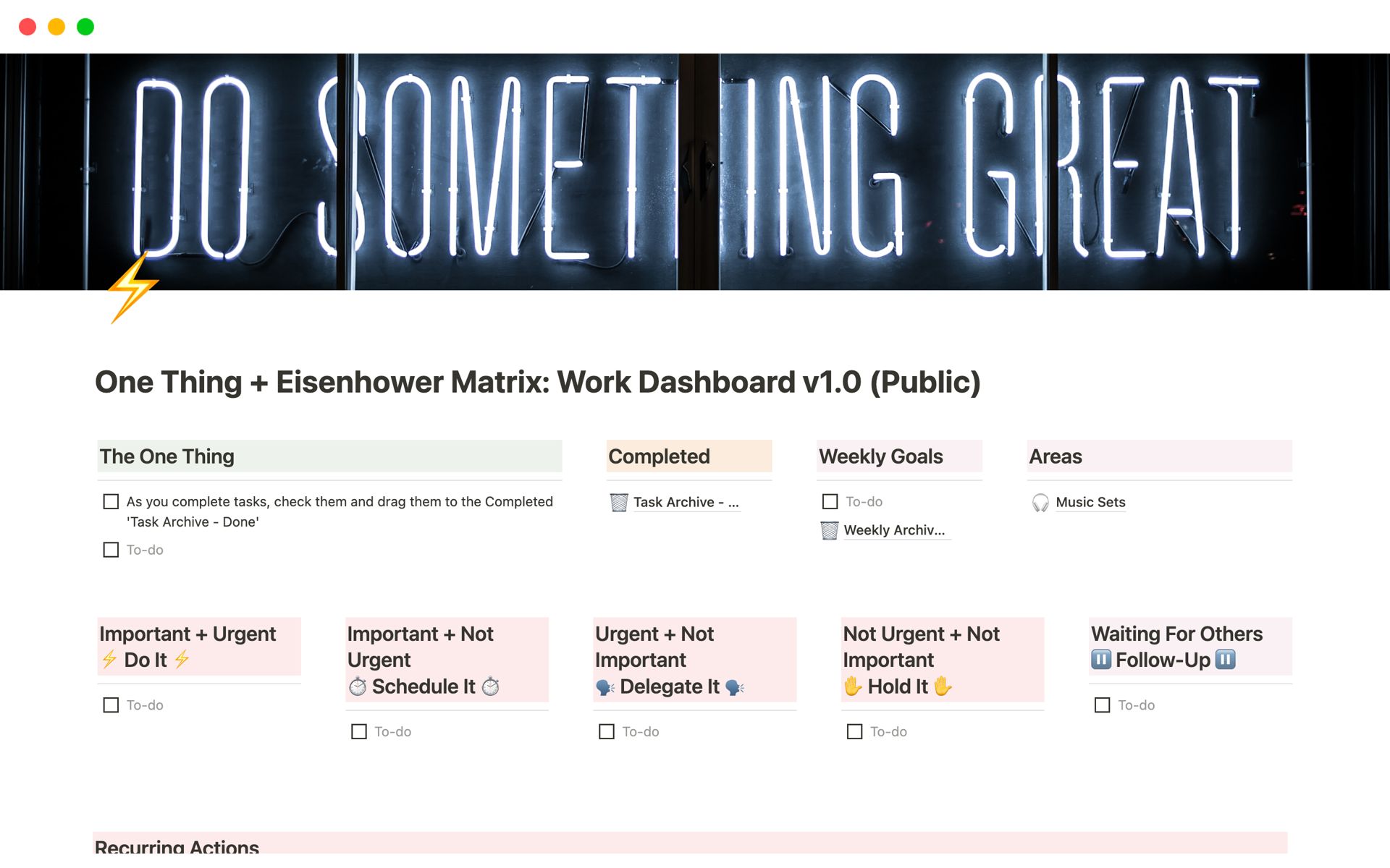 Vista previa de una plantilla para One Thing + Eisenhower Matrix: Work Dashboard