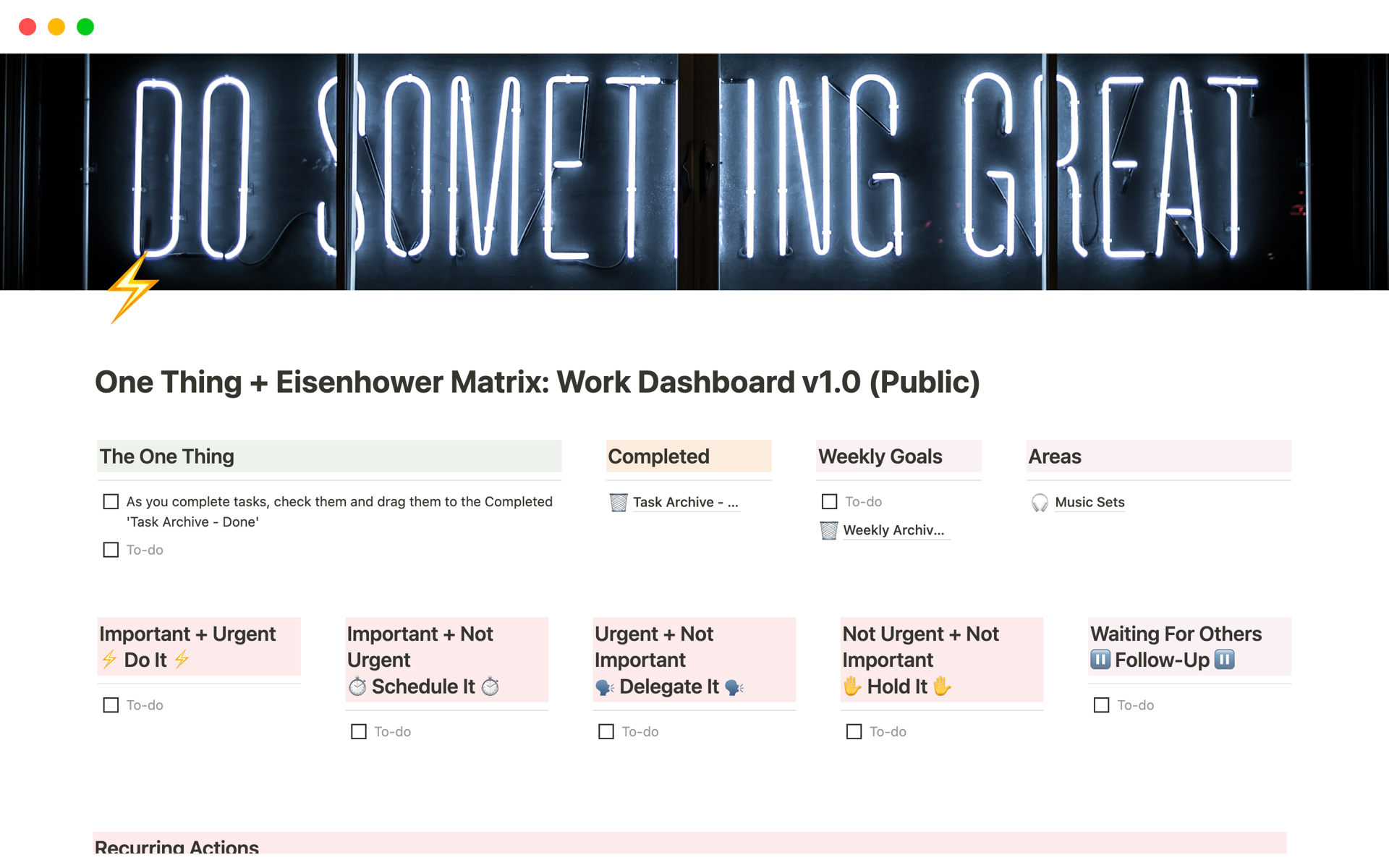 Uma prévia do modelo para One Thing + Eisenhower Matrix: Work Dashboard