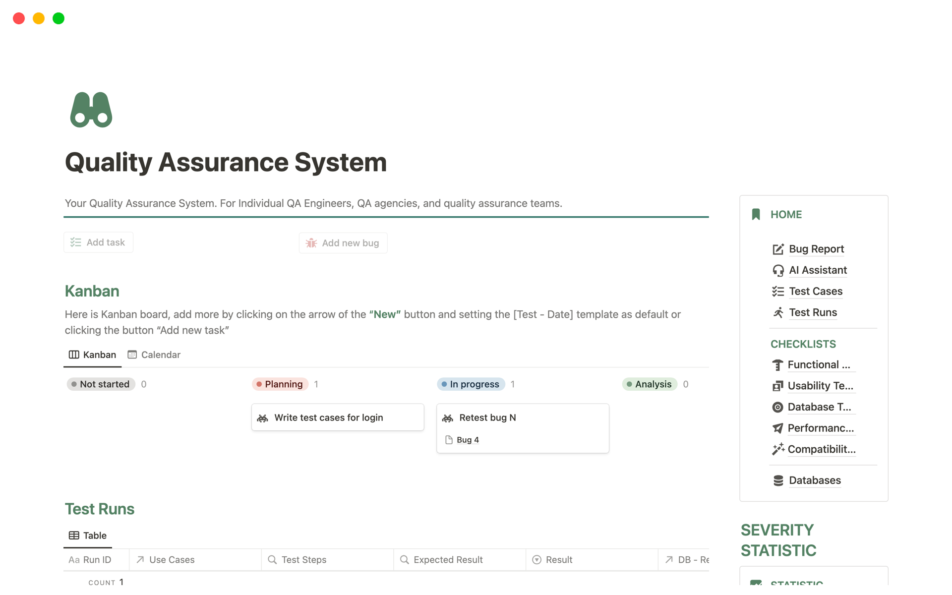 A template preview for Quality Assurance System