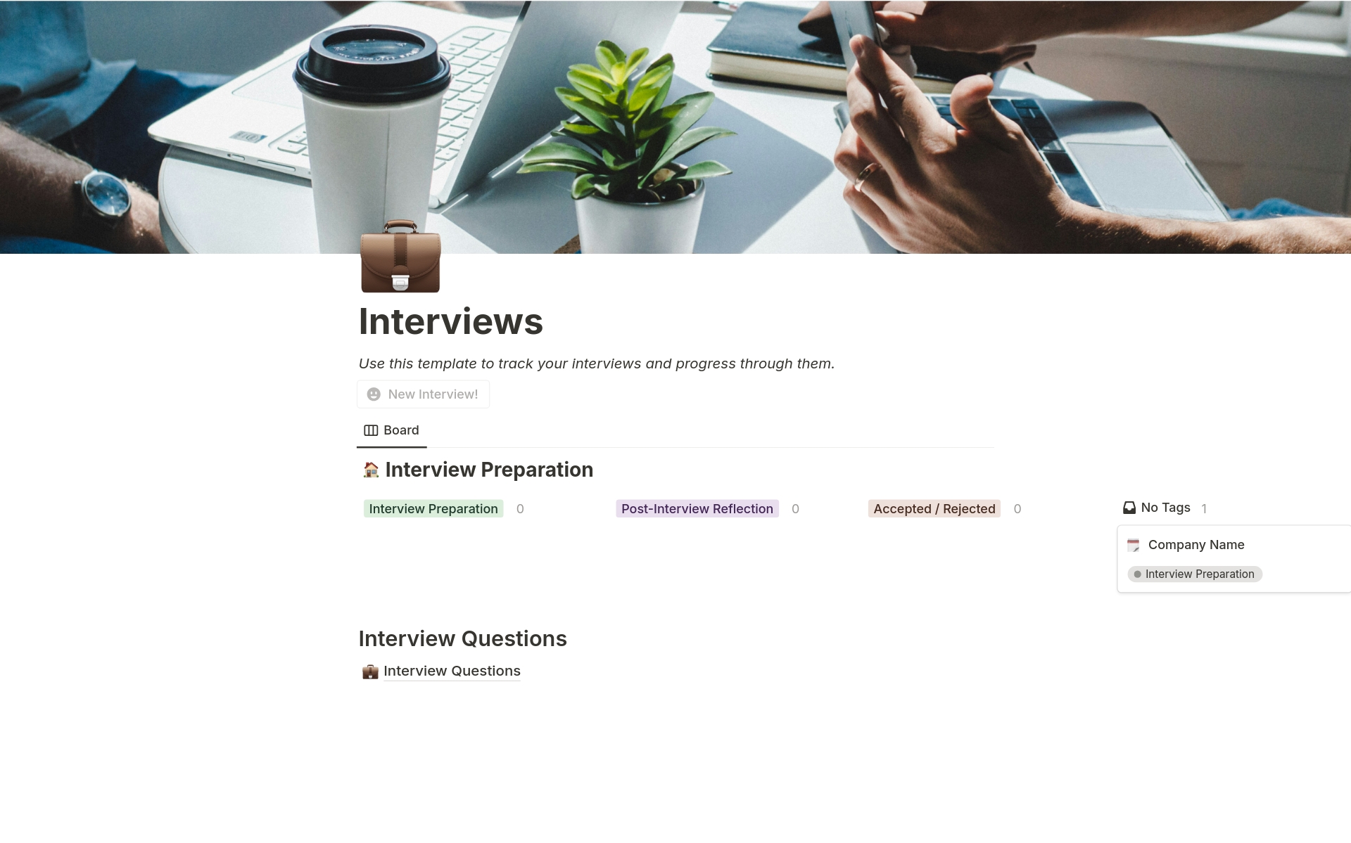 Launch your interview prep with our Notion Template, designed for job seekers. Get tips, track progress, and build a custom question bank. Tailored for success, it's your key to acing interviews.