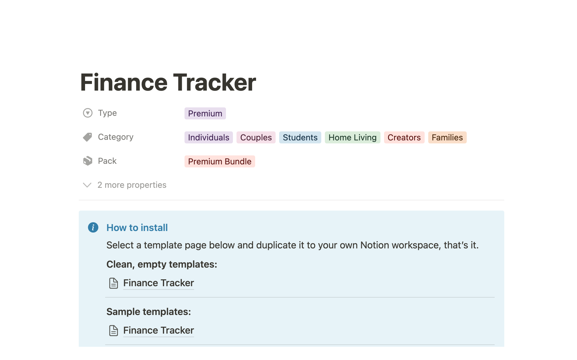 A template preview for Finance tracker