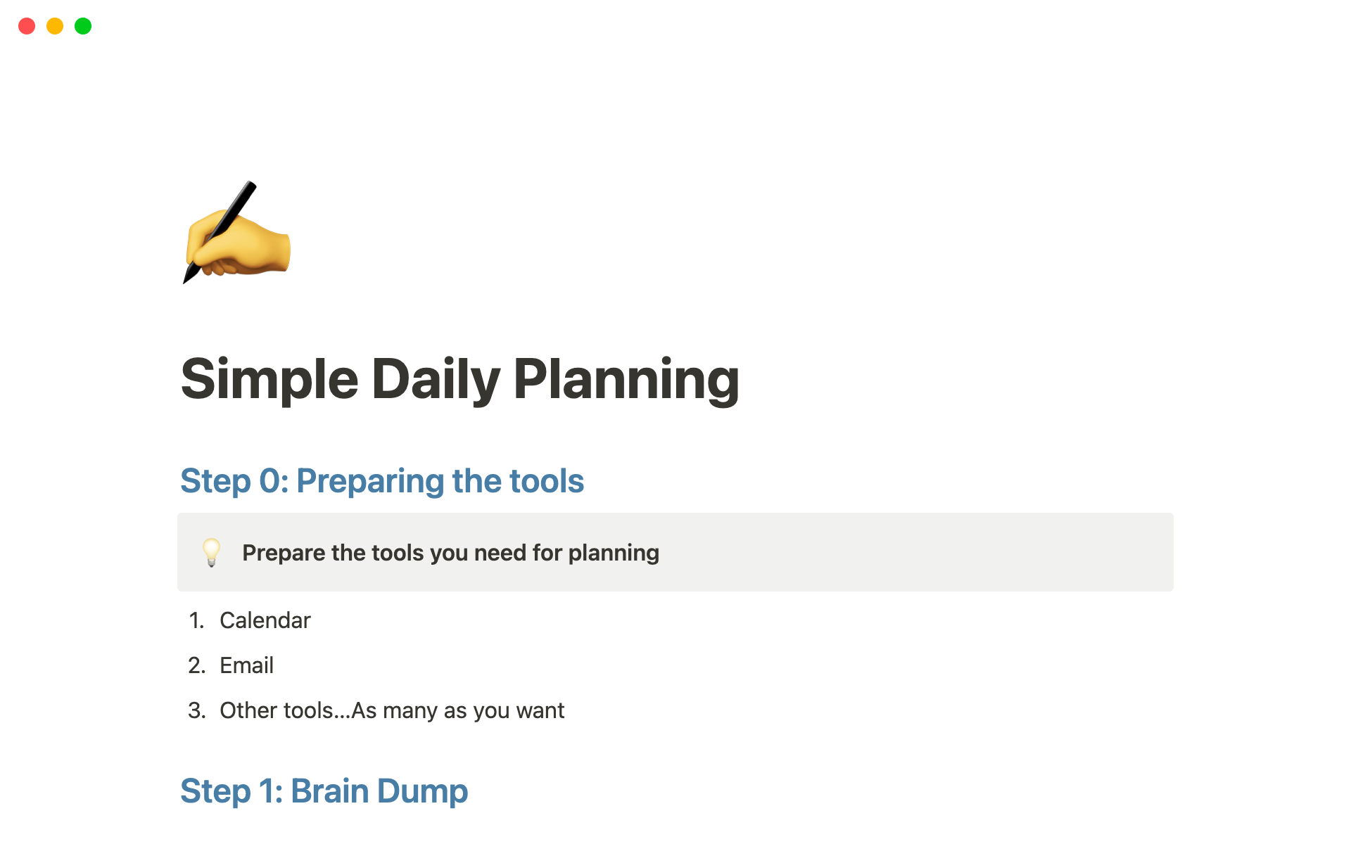 Simple Daily Planningのテンプレートのプレビュー