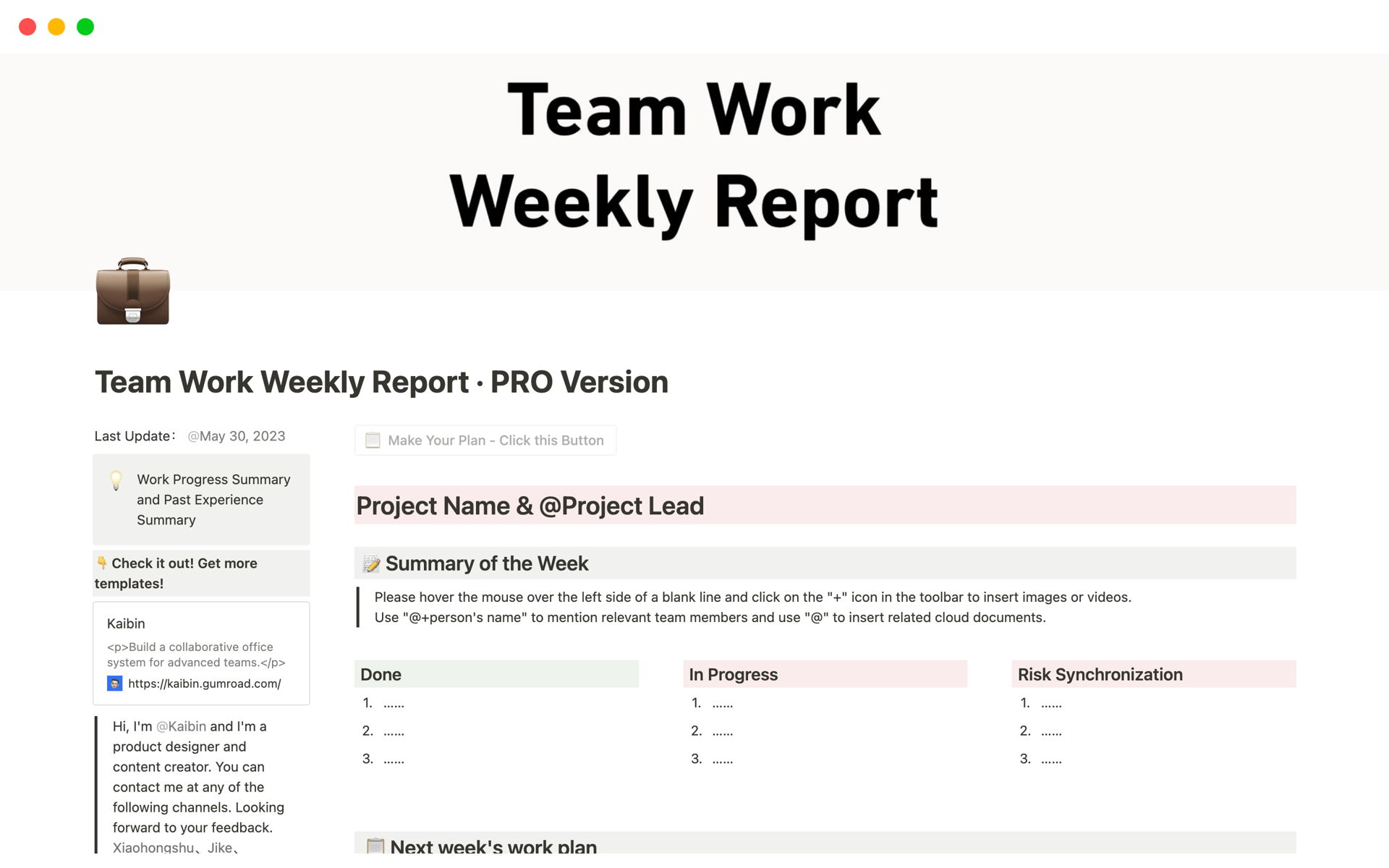 Vista previa de plantilla para Team Work Weekly Report · PRO Version