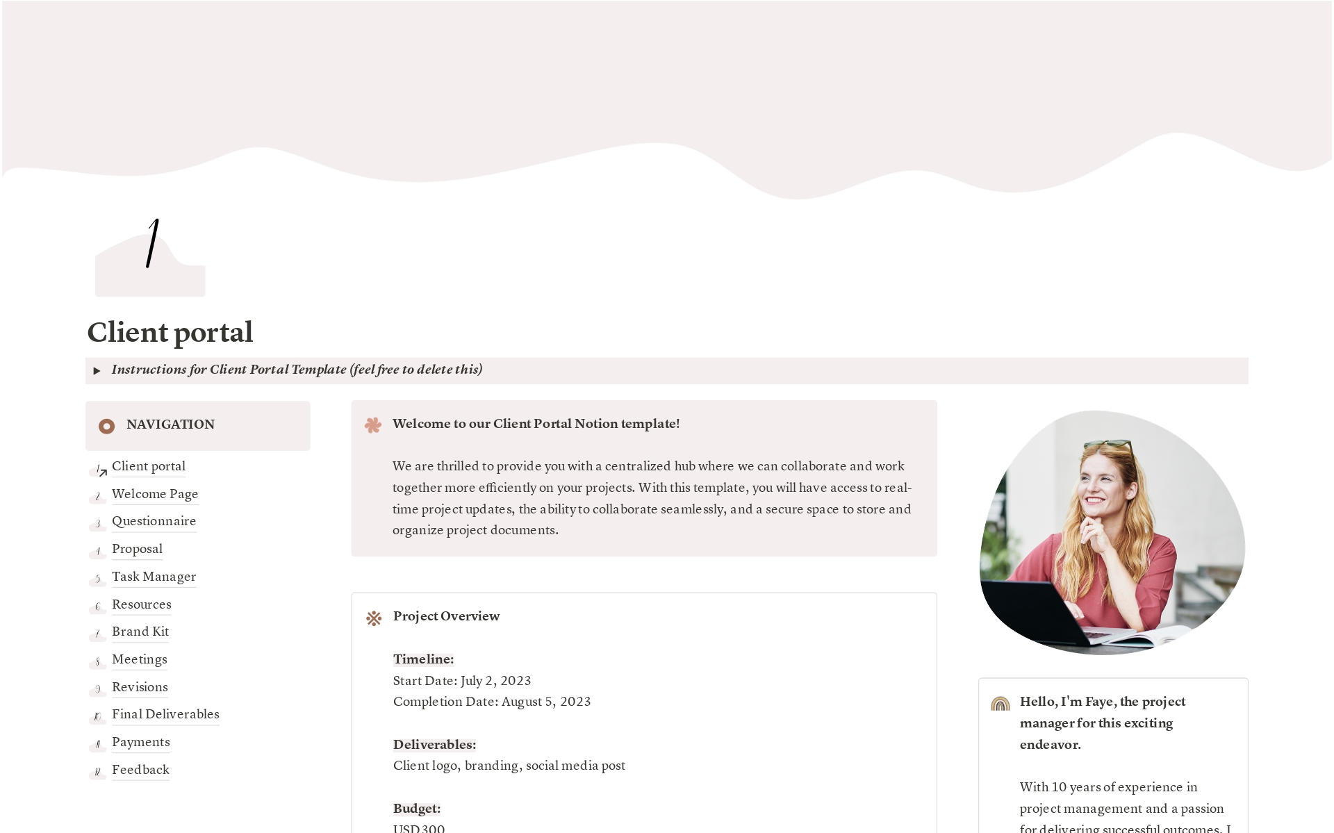 Vista previa de una plantilla para Client Portal - Project based