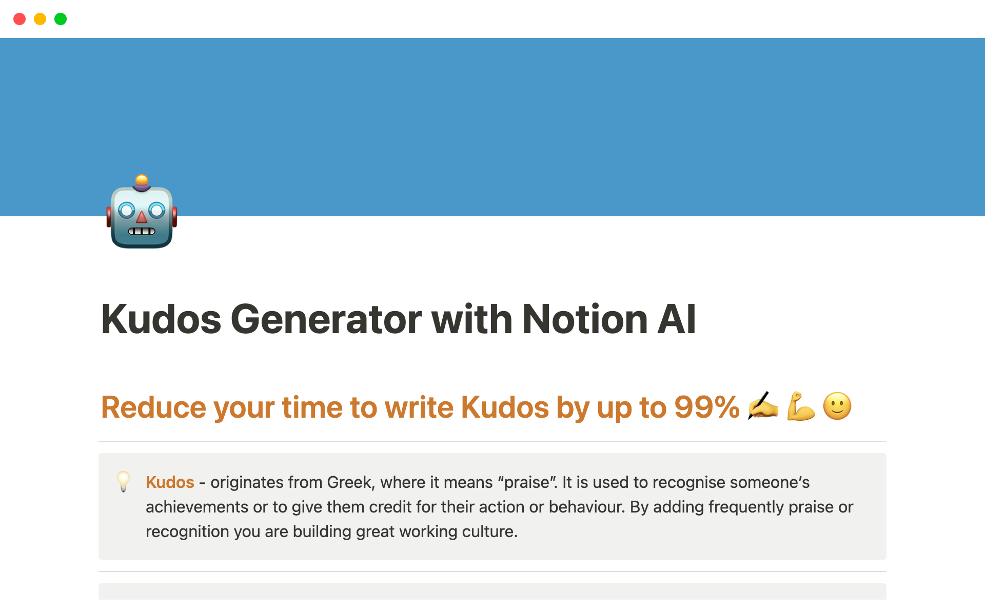 A template preview for Kudos Generator with Notion AI