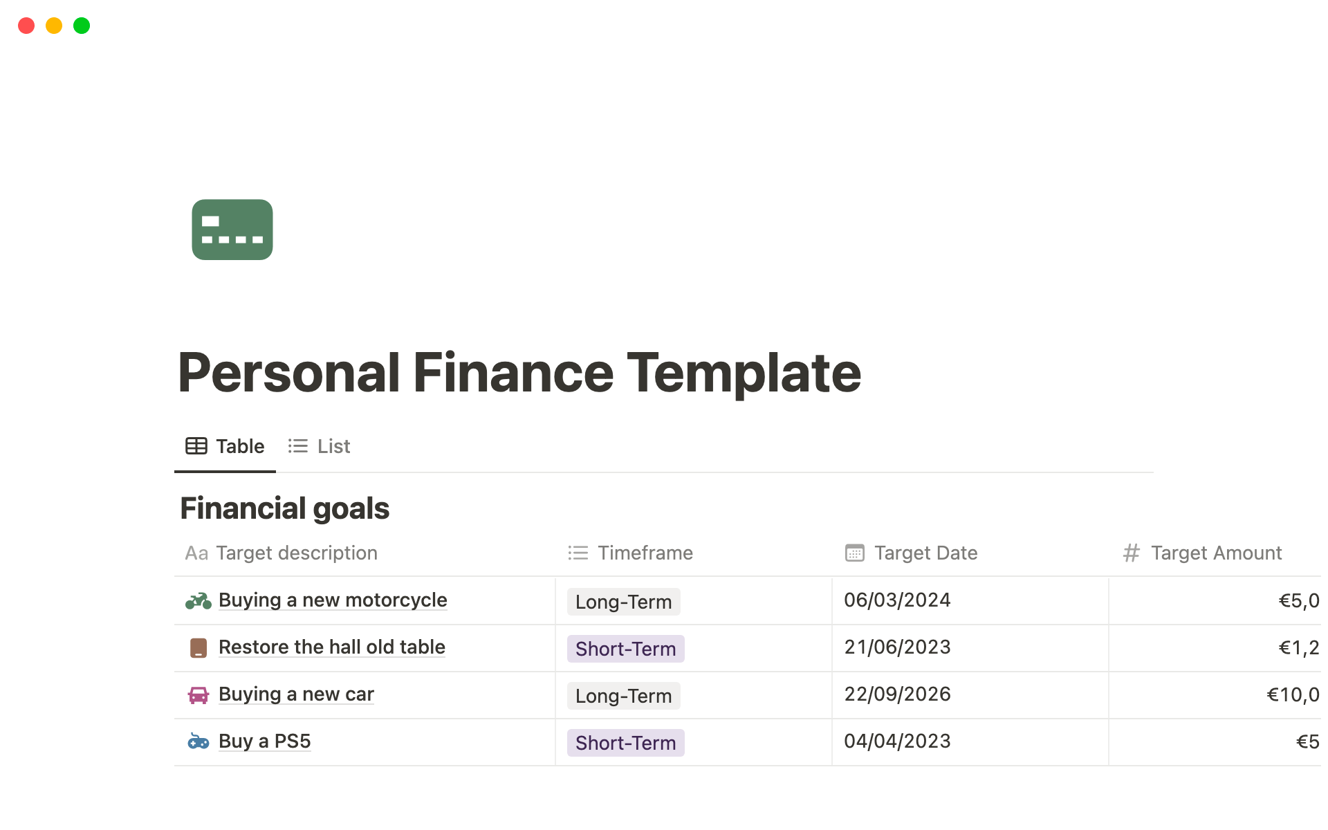 Eine Vorlagenvorschau für Personal Finance Template