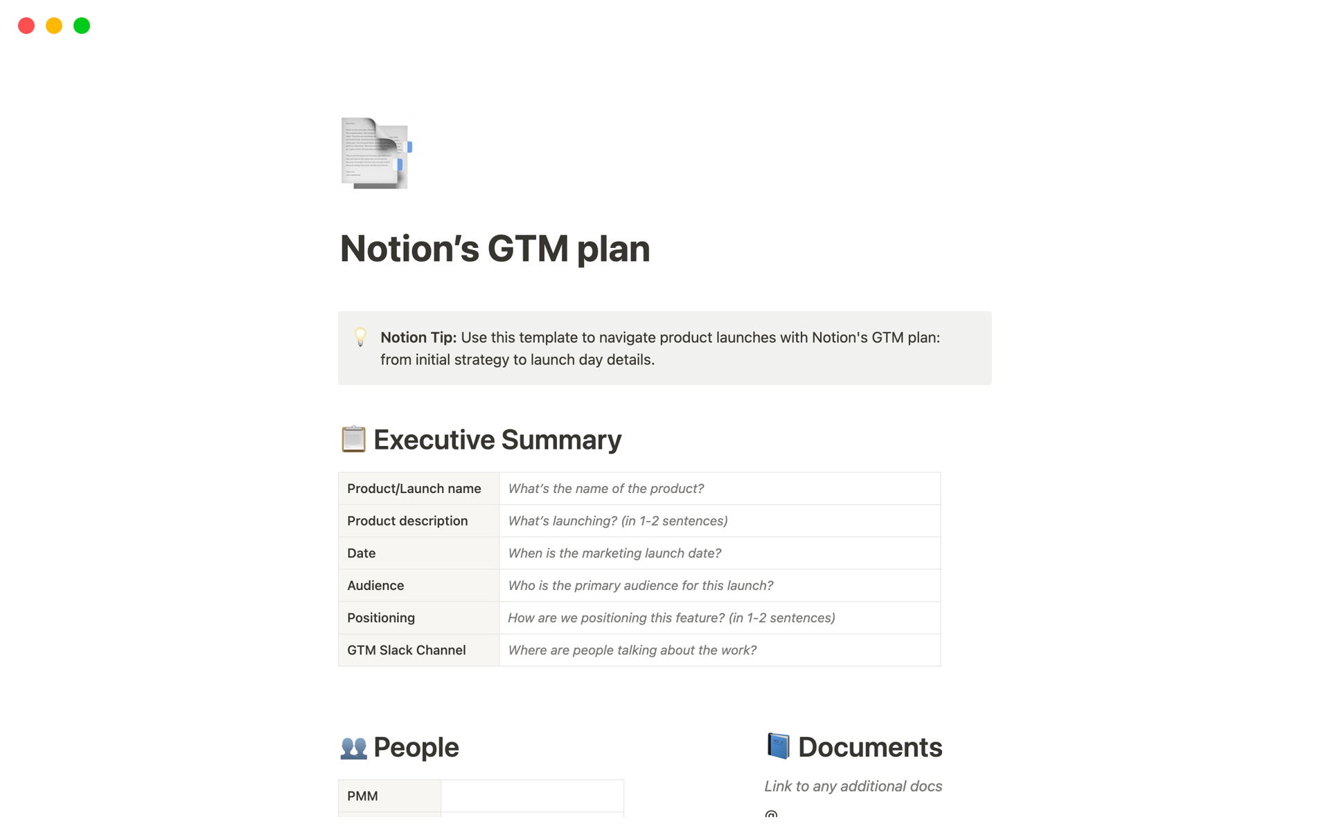 Eine Vorlagenvorschau für Notion's GTM plan