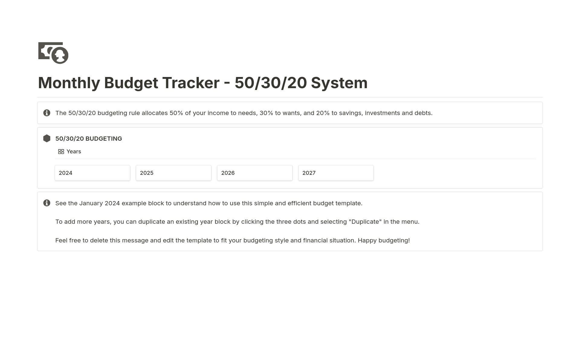 A template preview for Monthly Budget Tracker - 50/30/20 System