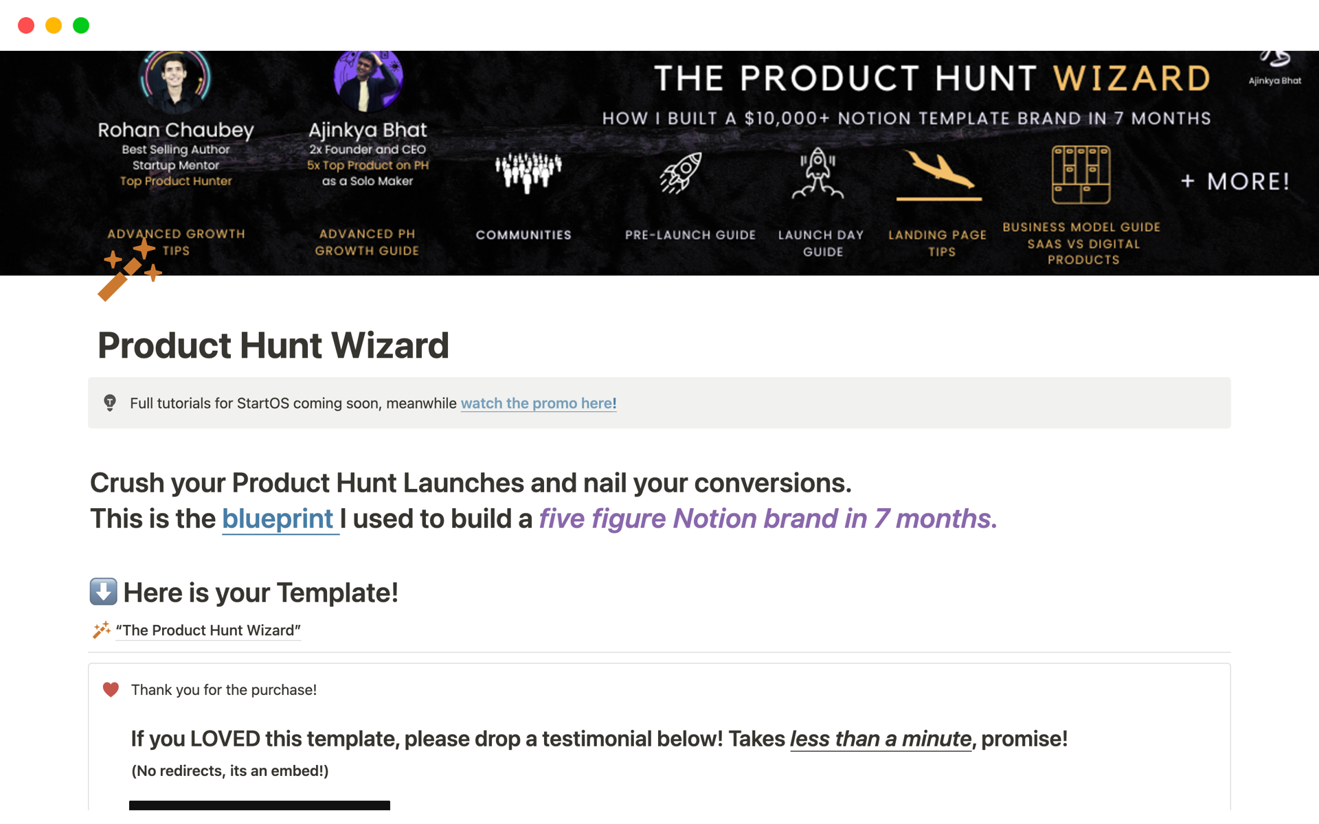 A template preview for  Product Hunt Wizard