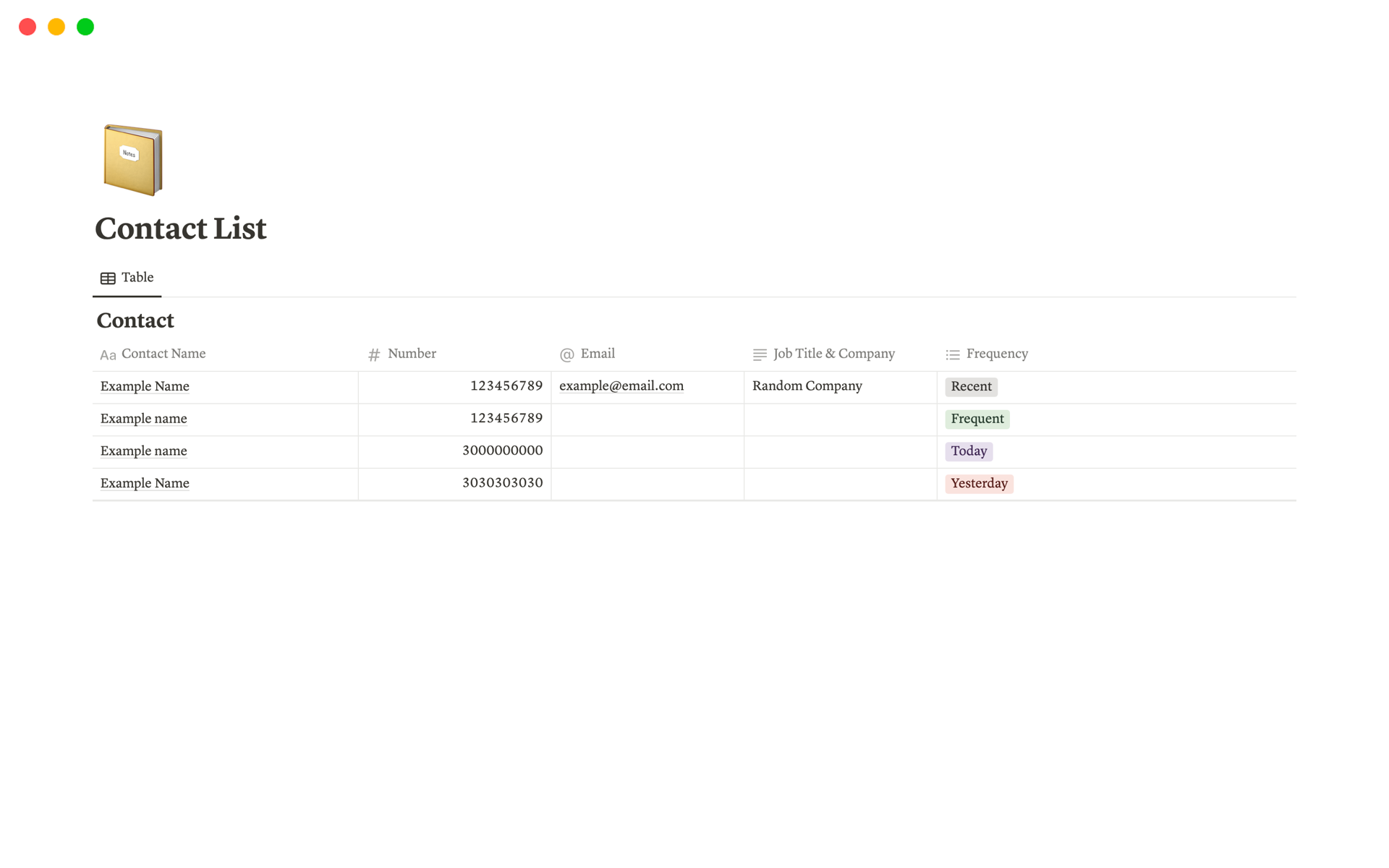 Uma prévia do modelo para Contact List 