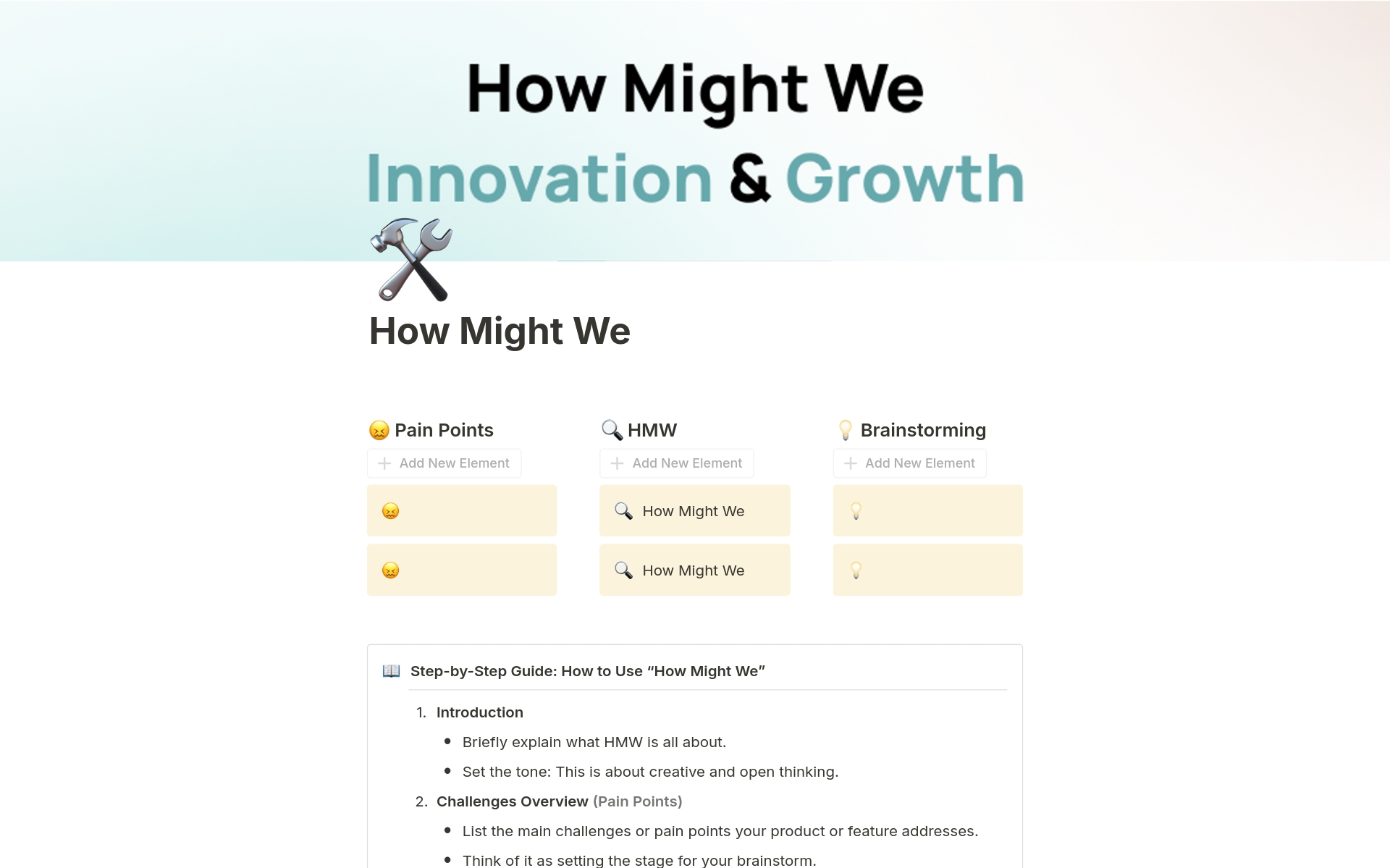 Eine Vorlagenvorschau für How Might We for Innovation & Growth