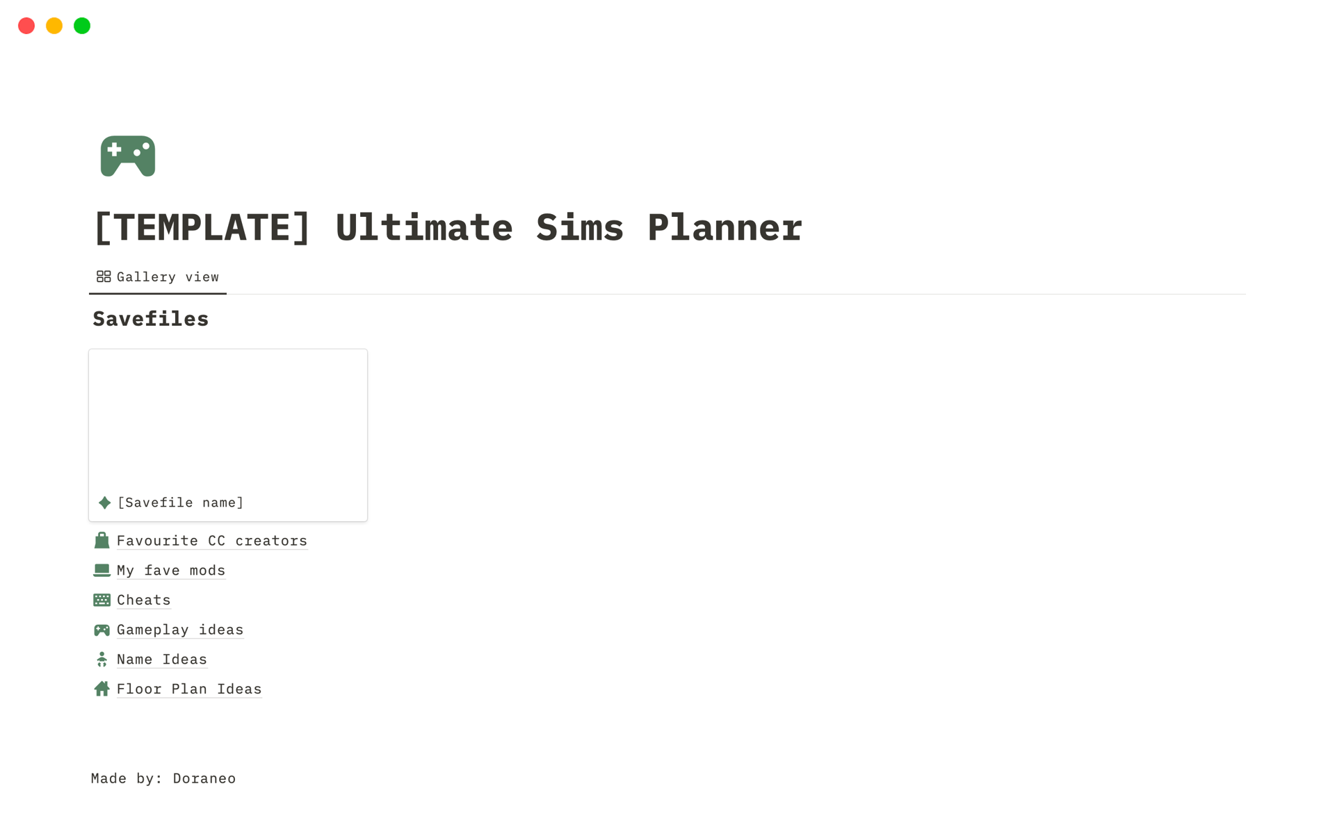 A template preview for Ultimate Sims Planner