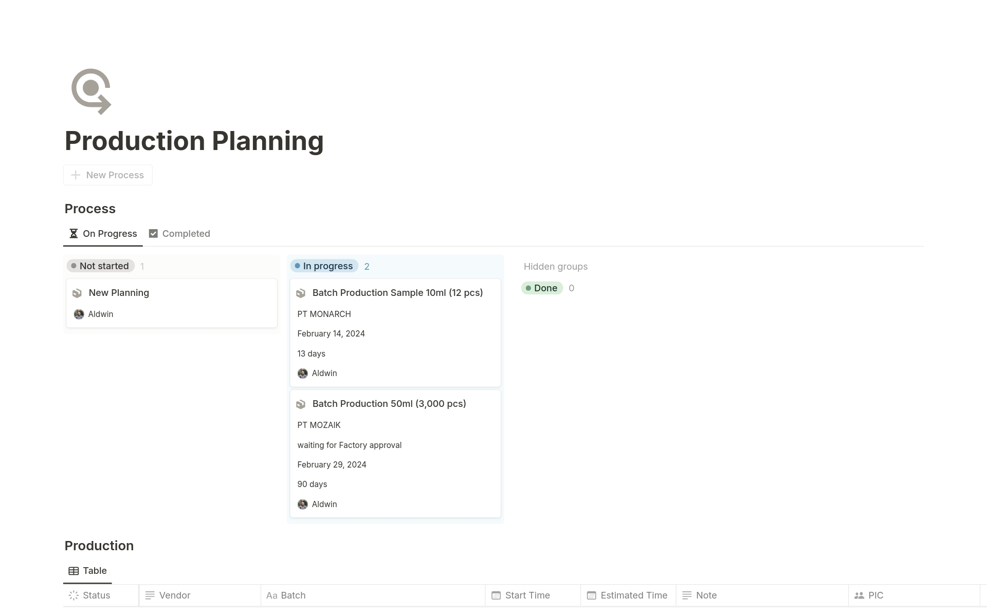 A template preview for Business Production Planning
