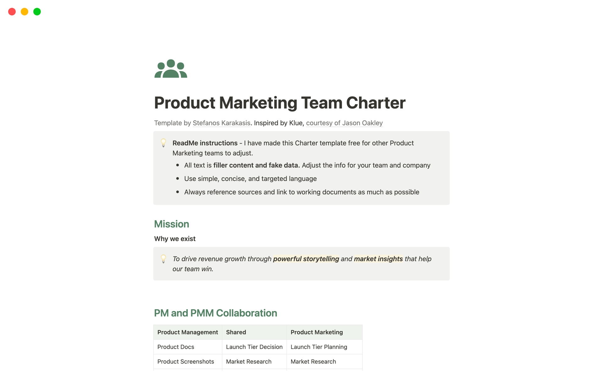 A template preview for Product Marketing Team Charter