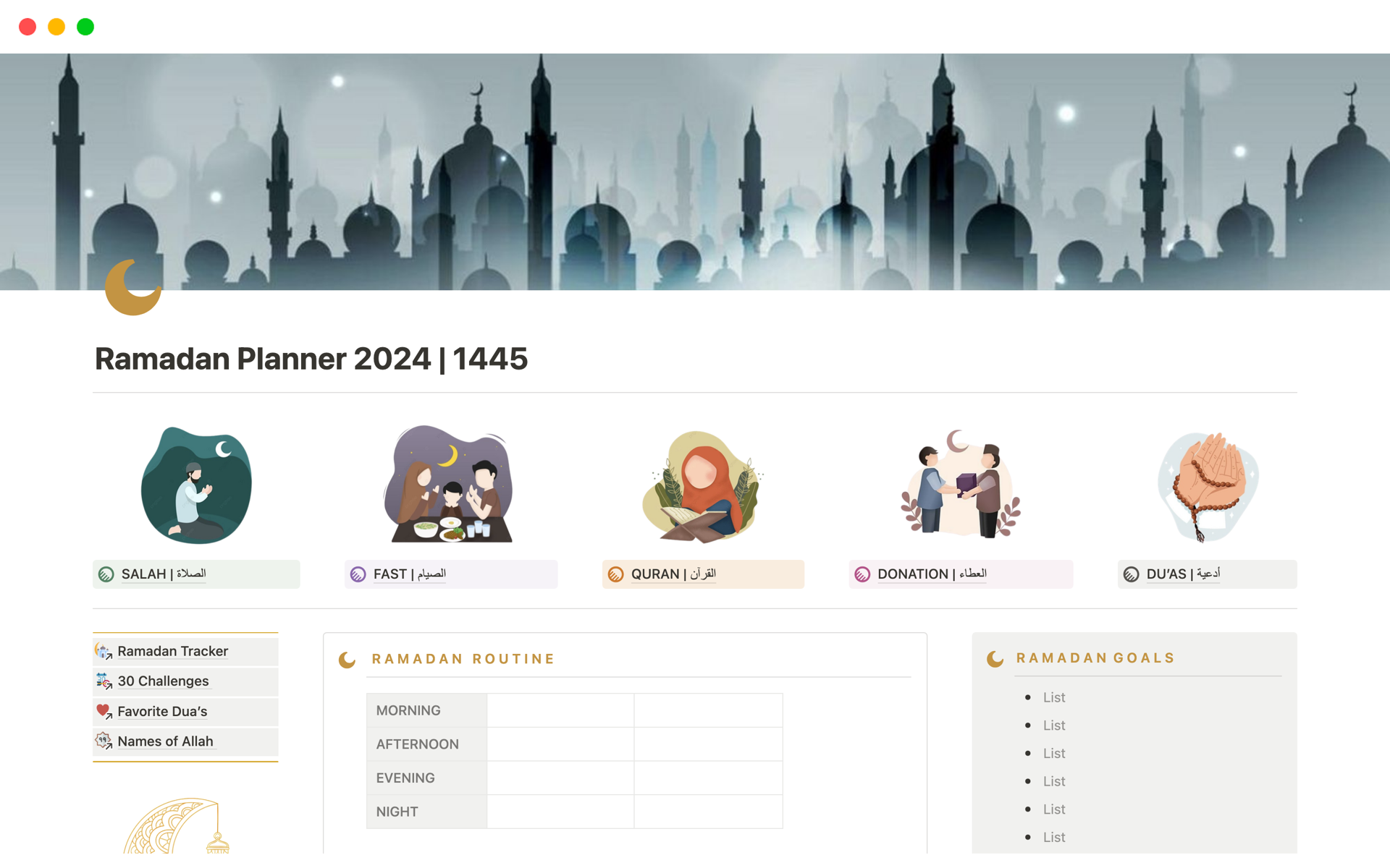 A template preview for Ramadan Planner 2024 | 1445 