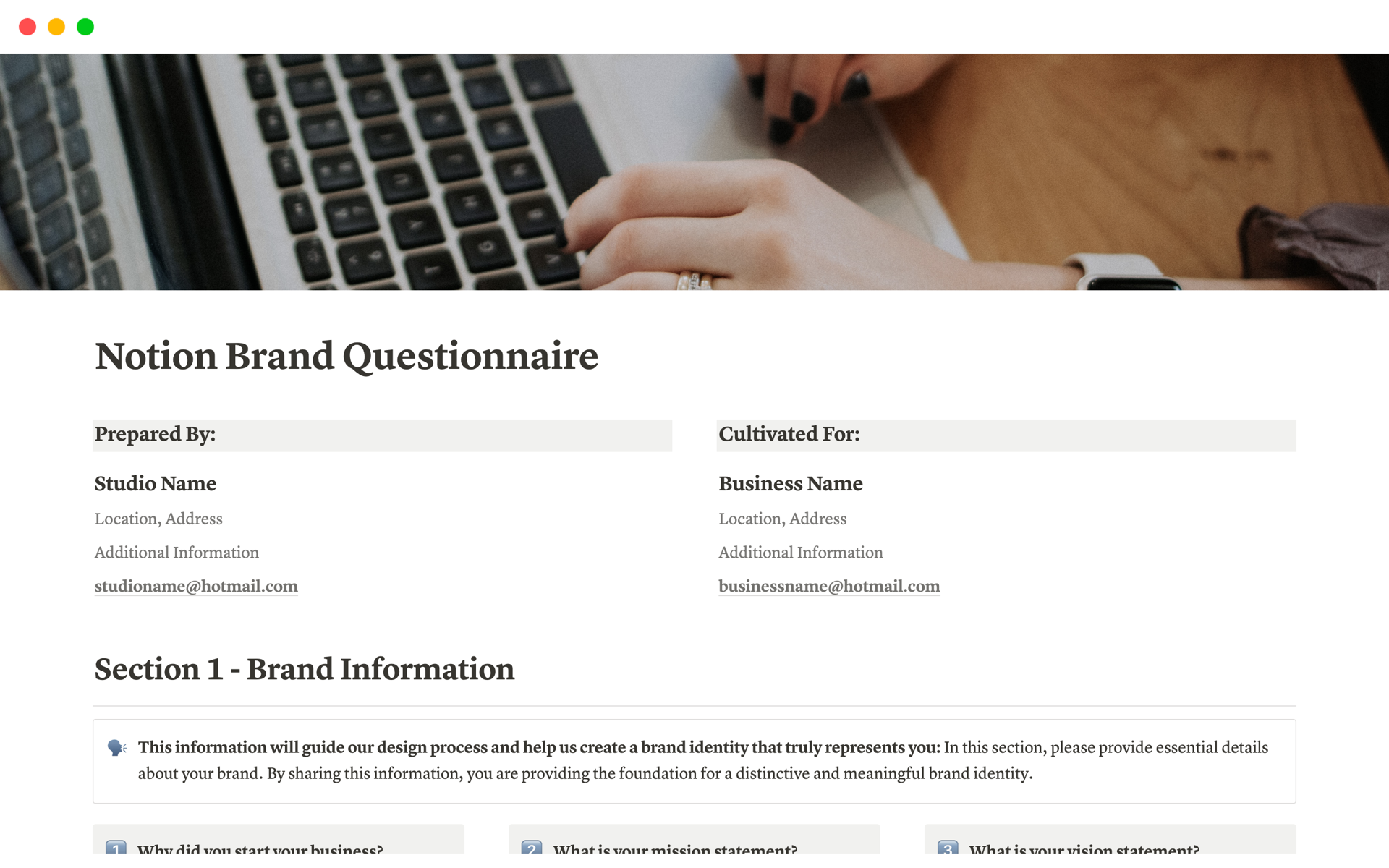 A template preview for Brand Questionnaire