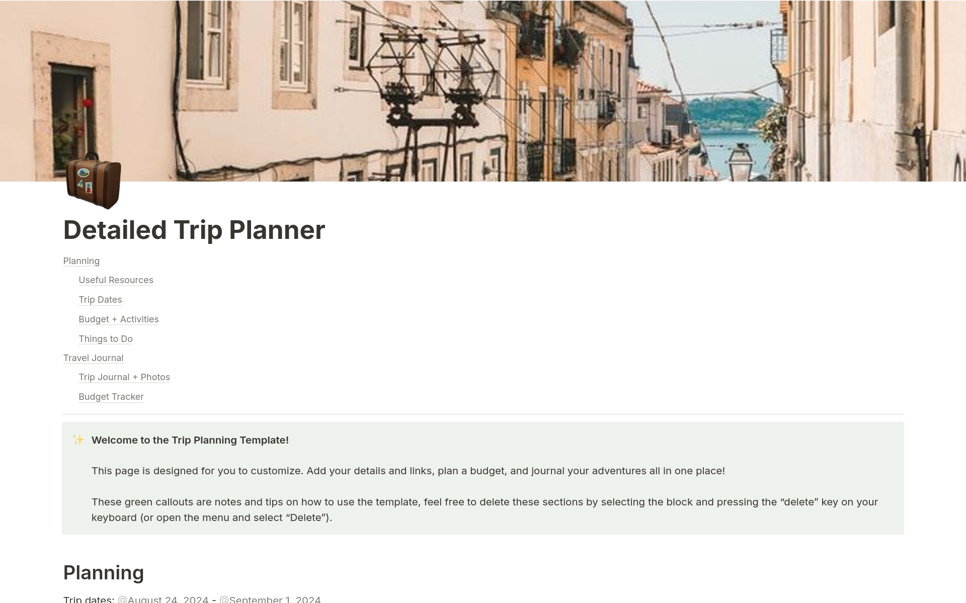 A template preview for Detailed Trip Planner