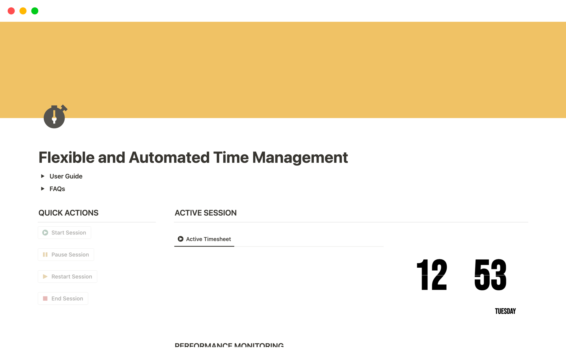 Streamline time management, effortlessly track active sessions, and gain performance insights with this template.