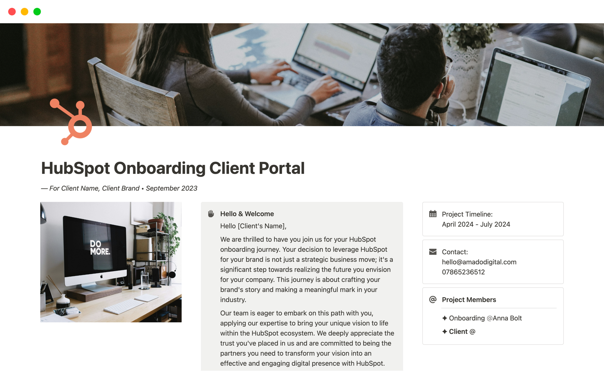 HubSpot Onboarding Client Portalのテンプレートのプレビュー