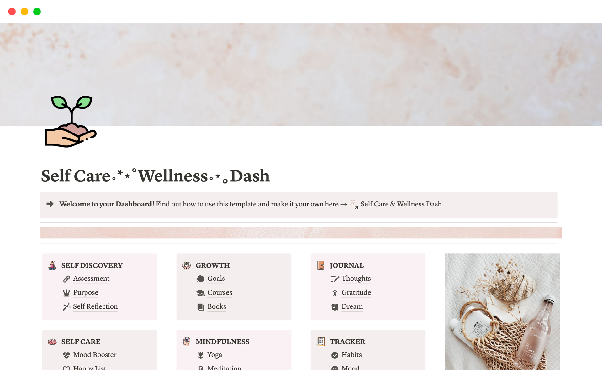 A template preview for Self Care Wellness Dash