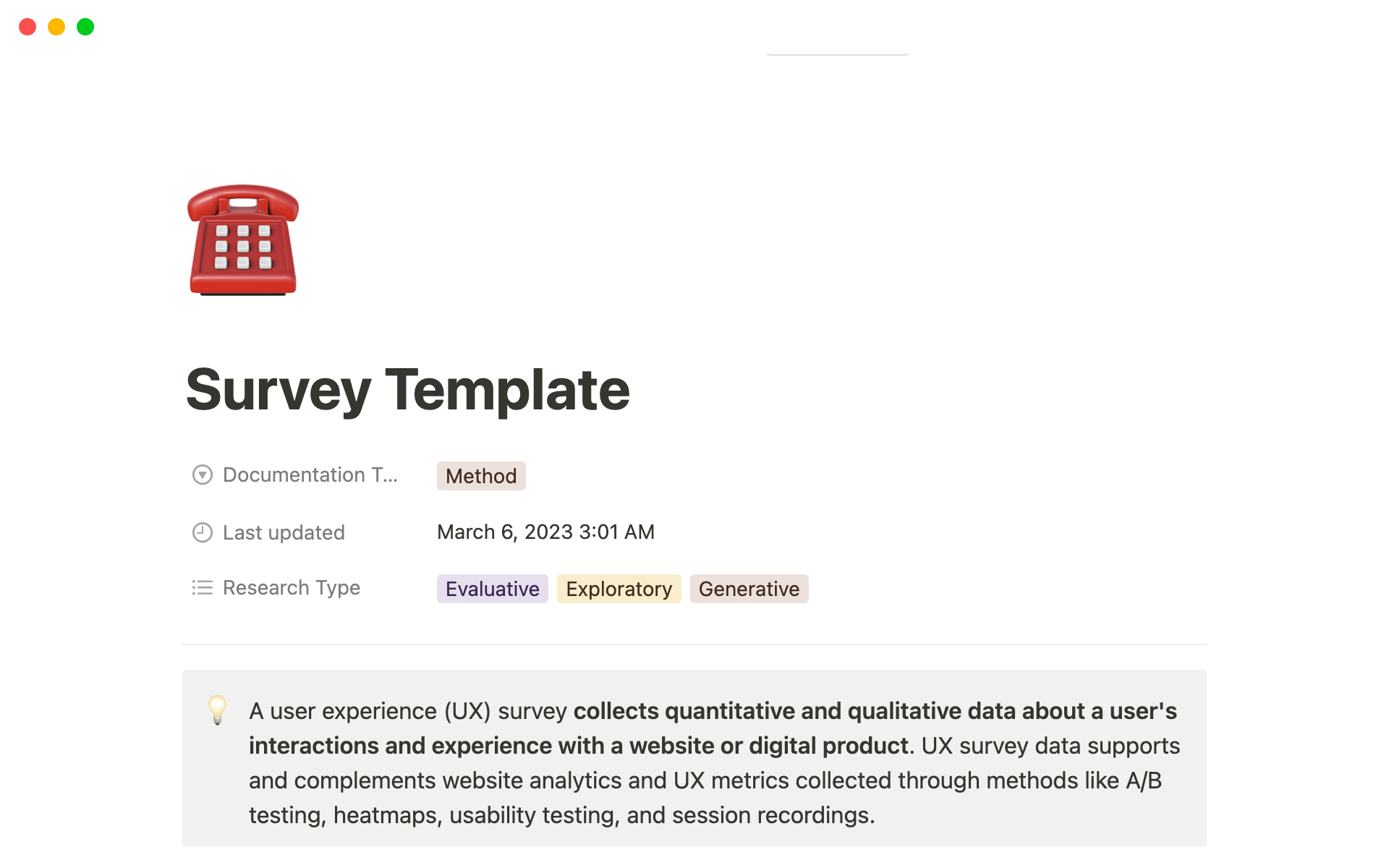 This template will help UX Researchers plan and set up a survey as a method as part of their research project