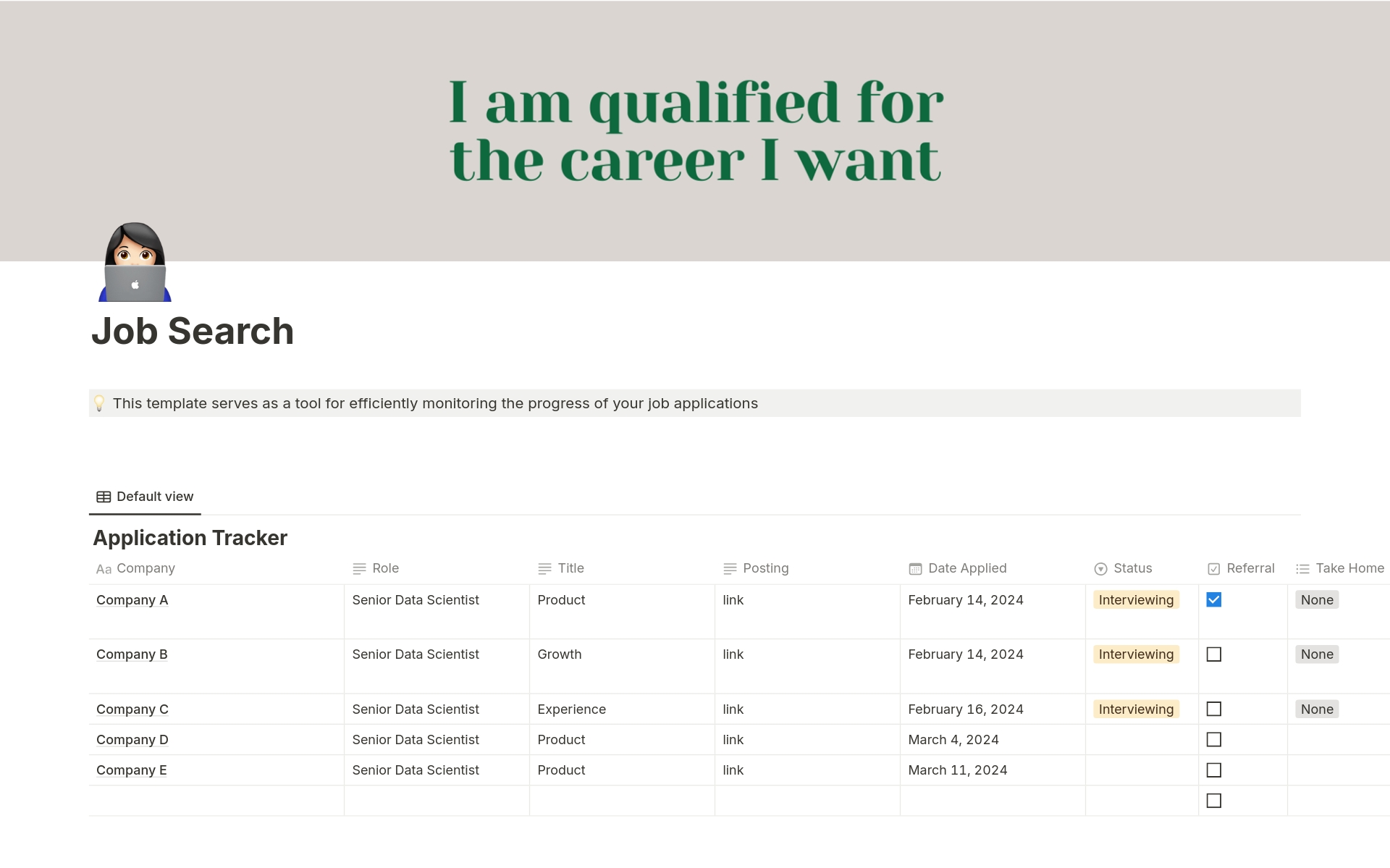 Uma prévia do modelo para Job Search Application Tracker